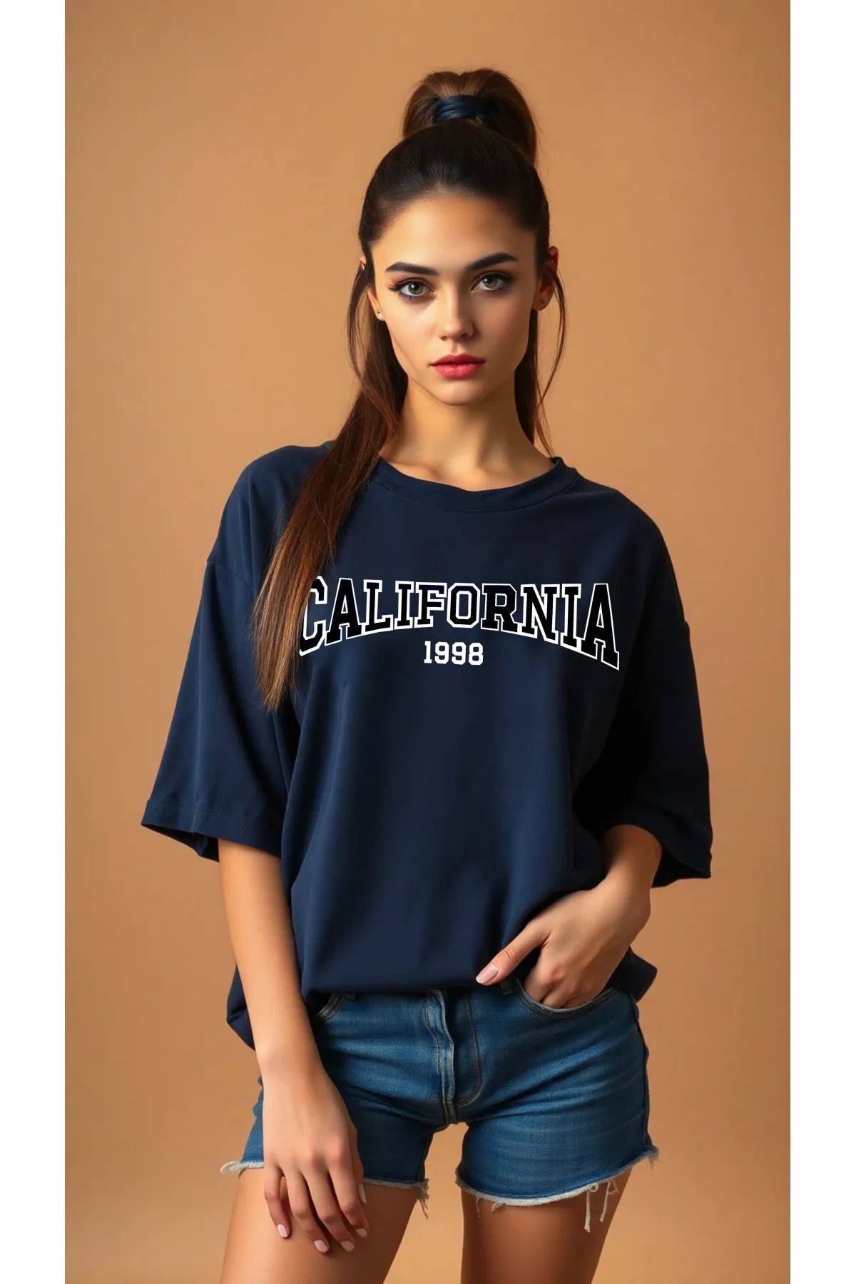 qavnas Unisex CALIFORNIA 1998 Baskılı Rahat Kesim Lacivert T-Shirt