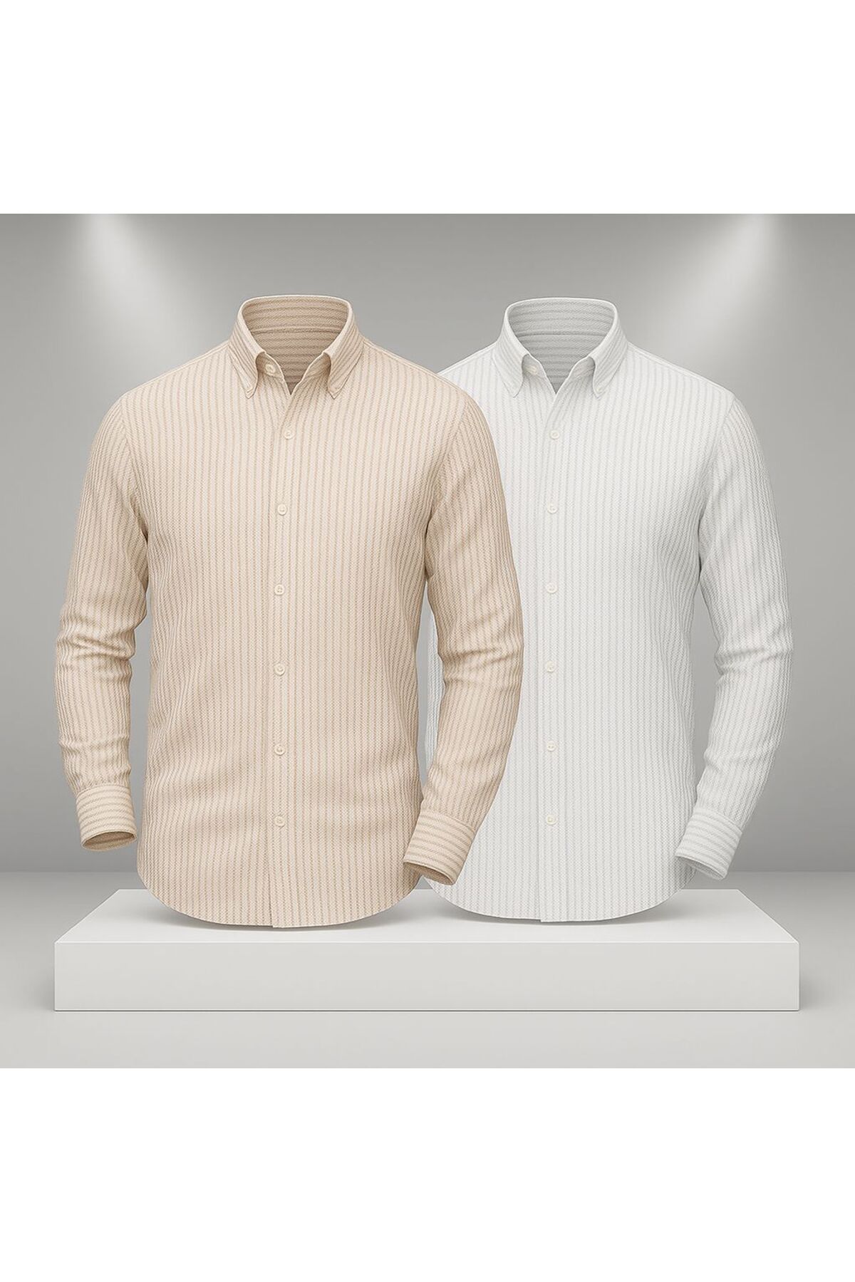 LC Waikiki 2'li Avantaj Keten Çizgili Slim Fit Şık Premium Kalite Düğmeli Pamuklu Erkek Gömlek