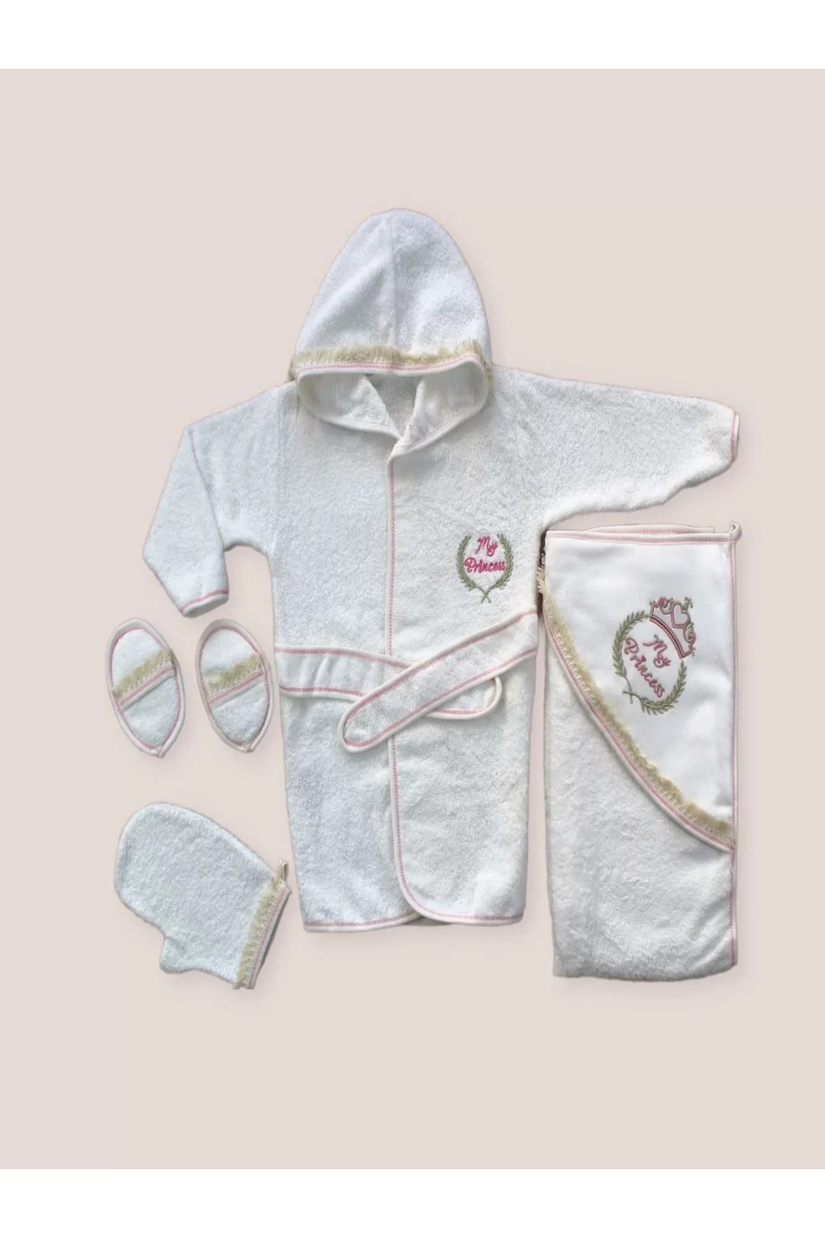 Shop58 0-6 Ay Kaplan Nakışlı Bornozlu 5li Kız Bebek Havlu Silgi Takımı