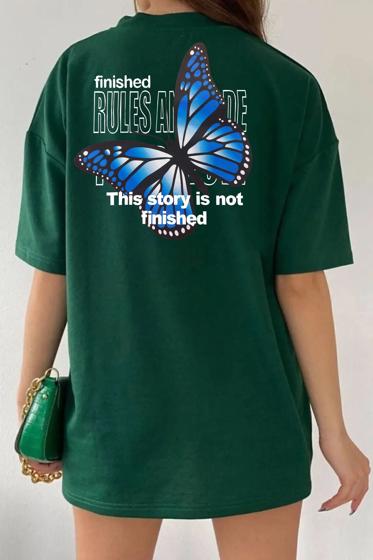 qavnas Unisex Mavi Kelebek Baskılı Rahat Kesim Yeşil T-Shirt