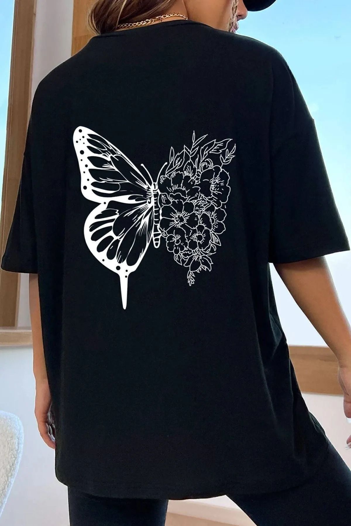 qavnas Unisex Kelebek Baskılı Rahat Kesim Siyah T-Shirt