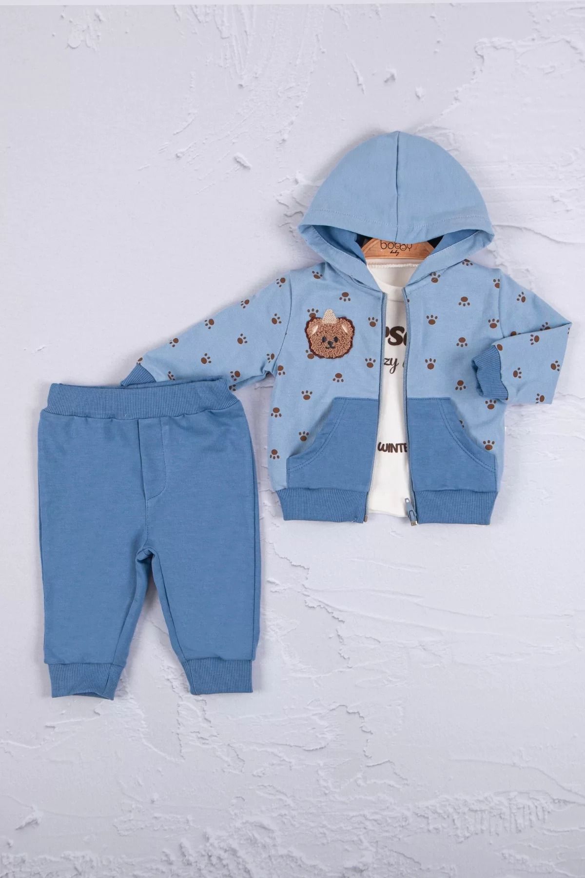 Shop58 Persona Bear Nakışlı % 100 Pamuk 3'li Erkek Bebek Takım