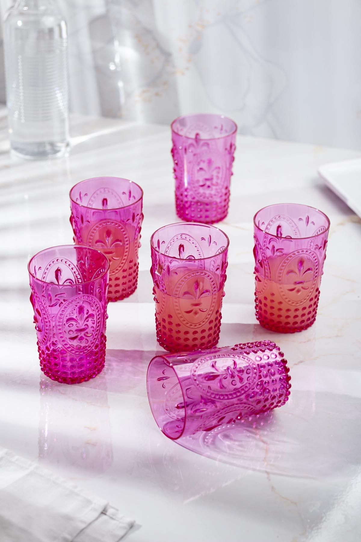 Shop58 Akrilik Pembe 6'lı Kısa Bardak & Su Meşrubat Kahve Yanı Bardağı 400 ml ( Cam Değildir )