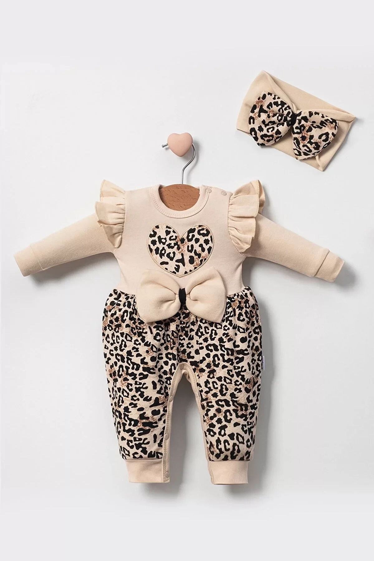 Shop58 Leopar Desenli Fiyonklu % 100 Pamuk Kız Bebek Tulum