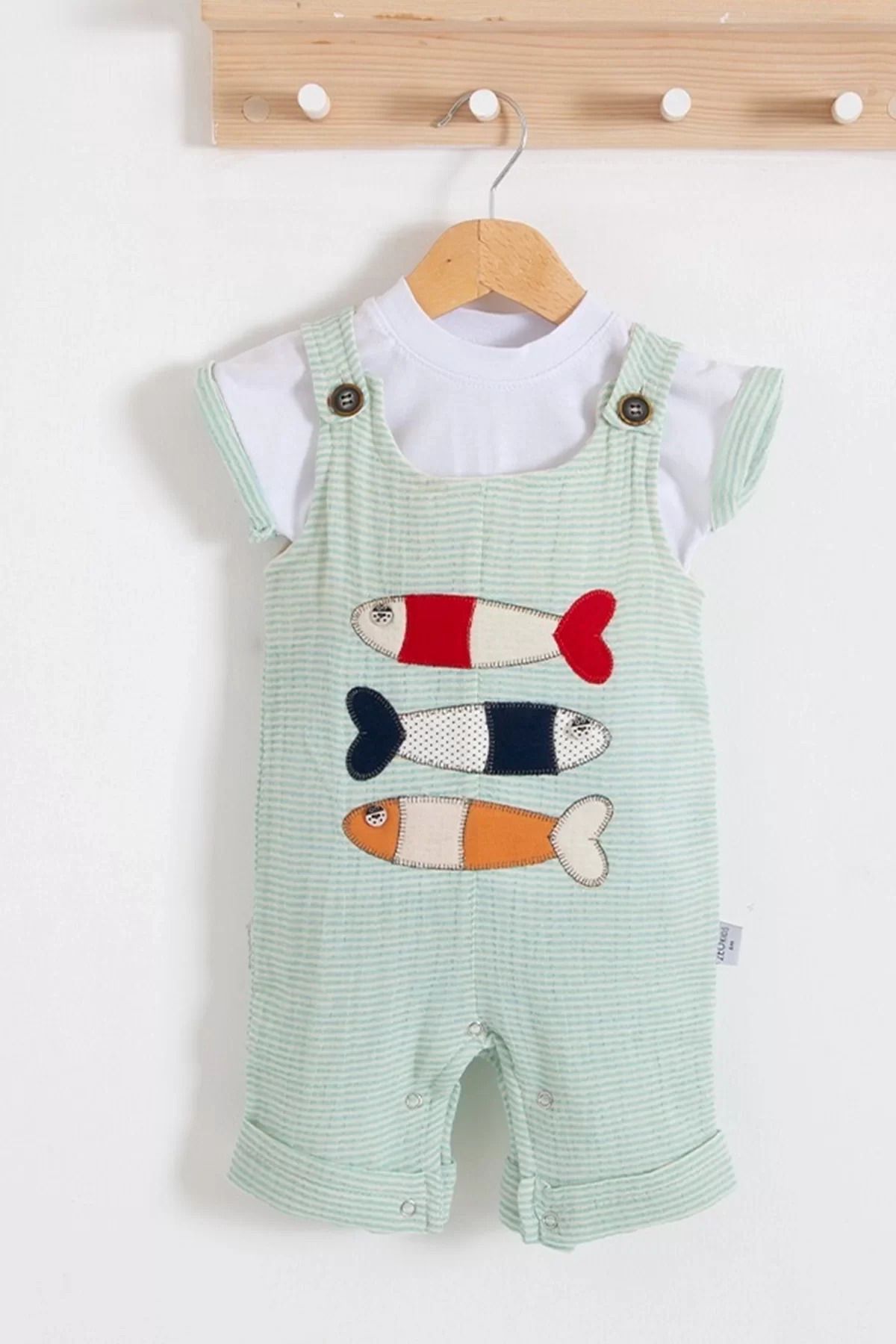 Shop58 Balık Nakışlı Kısa Kollu Erkek Bebek Tulumu