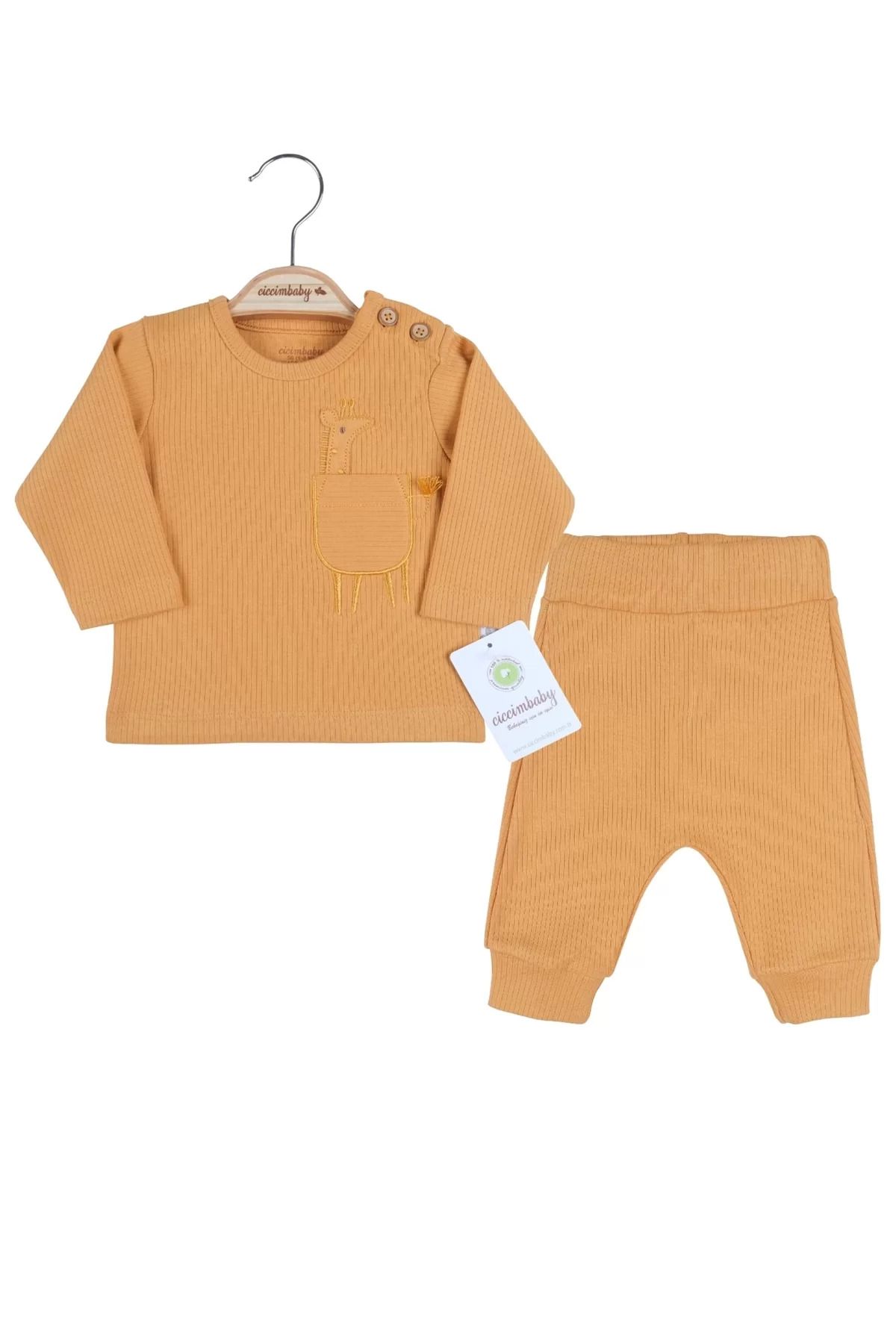 Shop58 Zürafa Cep Nakışlı Omuzdan Düğmeli % 100 Pamuk Erkek Bebek Takım