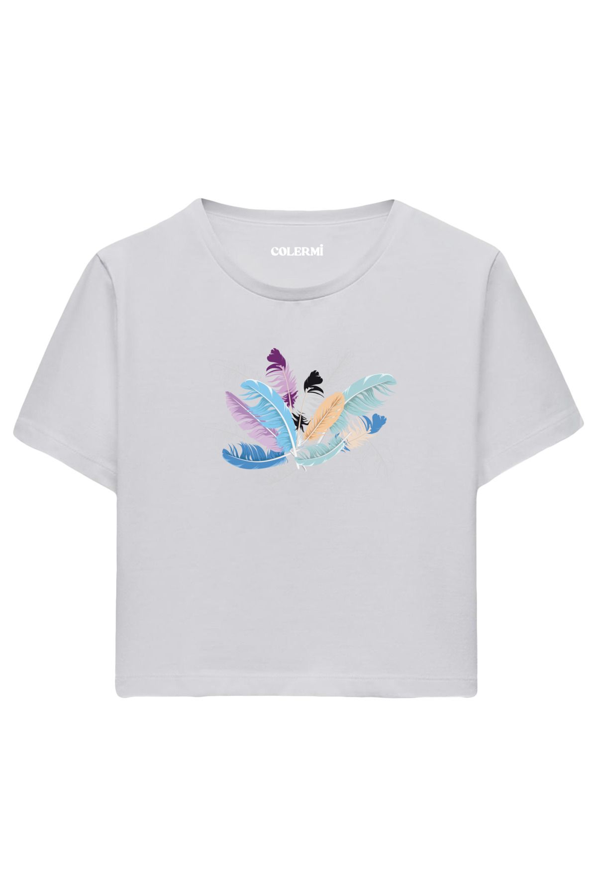 Colermi Pastel Renkli Tüy Desenli %100 Pamuk Kadın Crop Tshirt