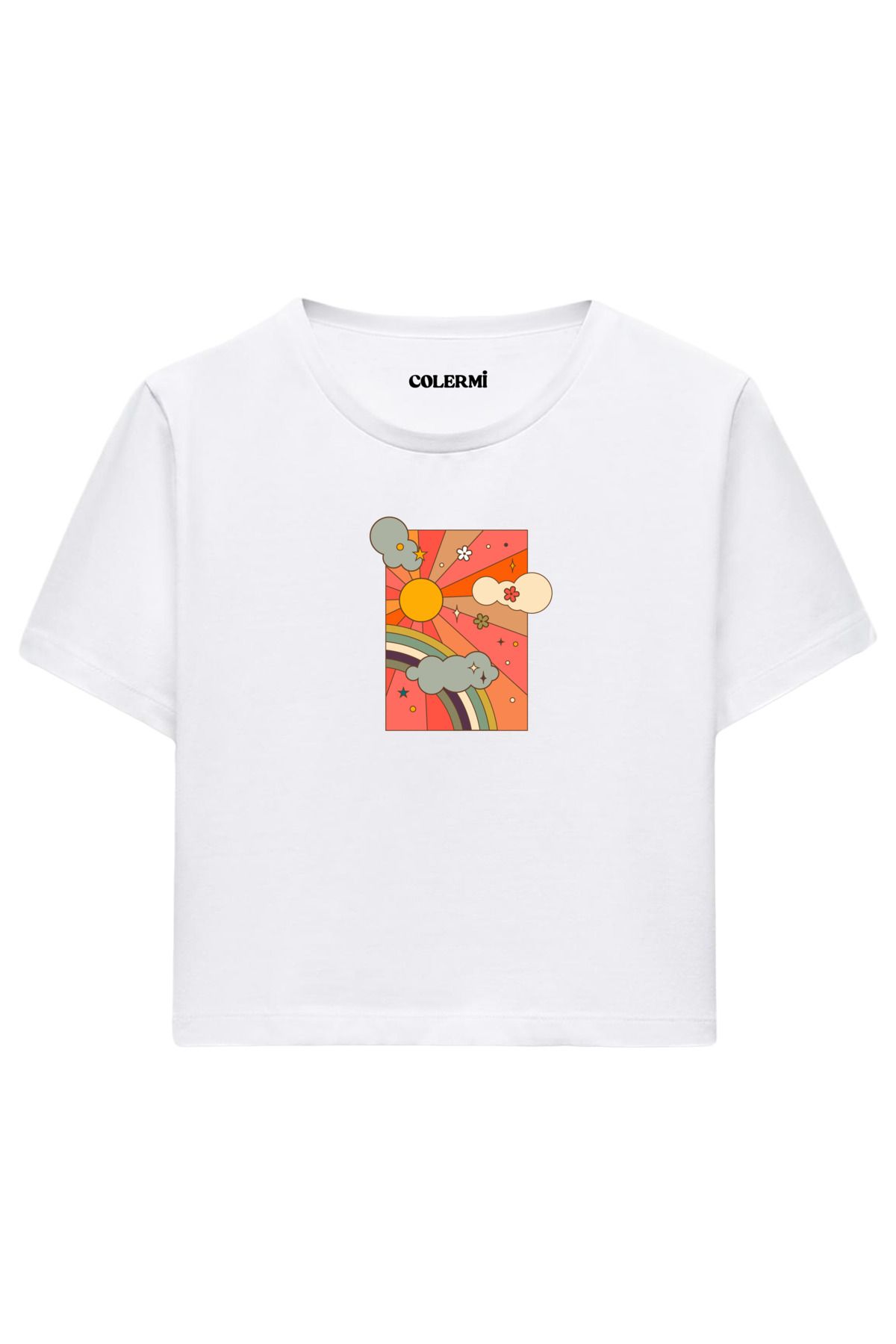 Colermi Retro Güneş ve Gökkuşağı Desenli %100 Pamuk Kadın Crop Tshirt