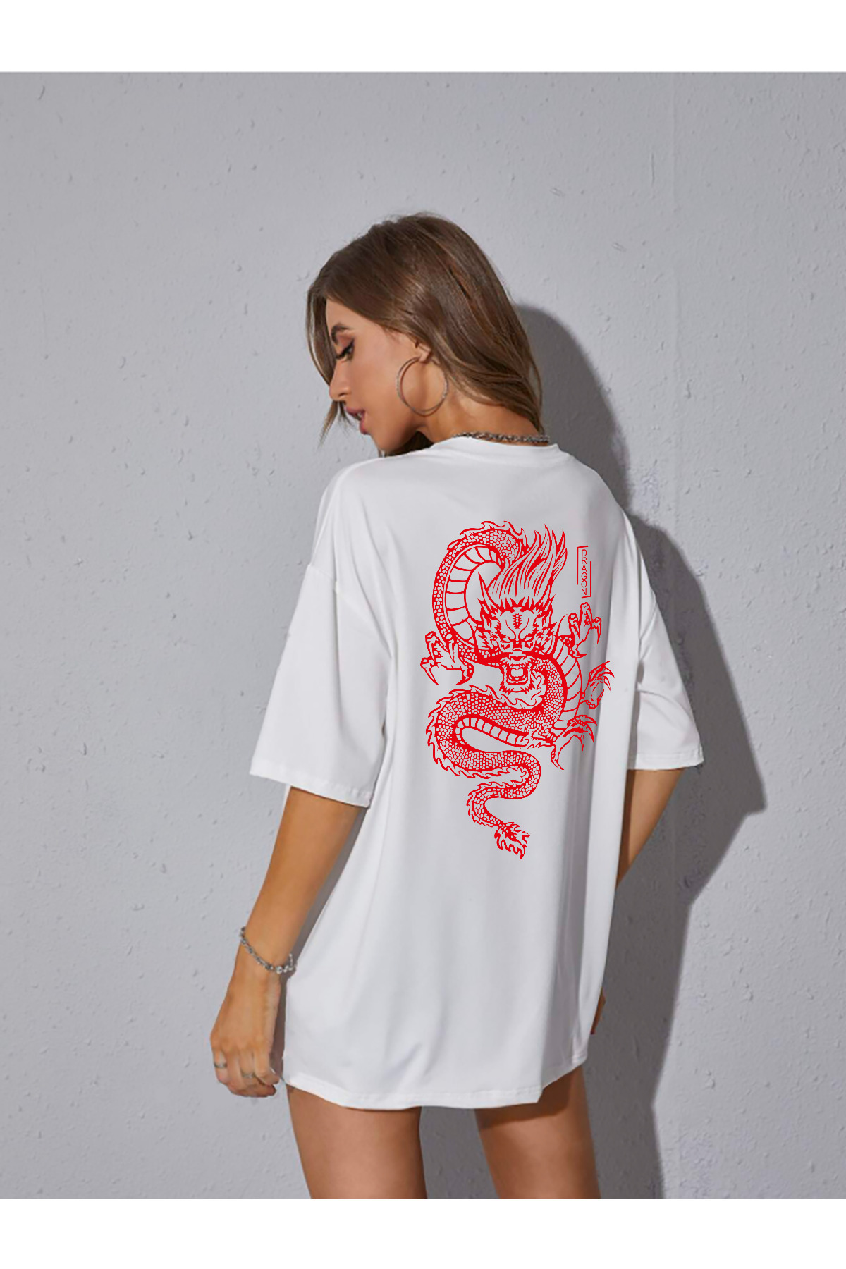 memowear-Unisex Red Dragon Printed Relaxed Cut White T-Shirt 3