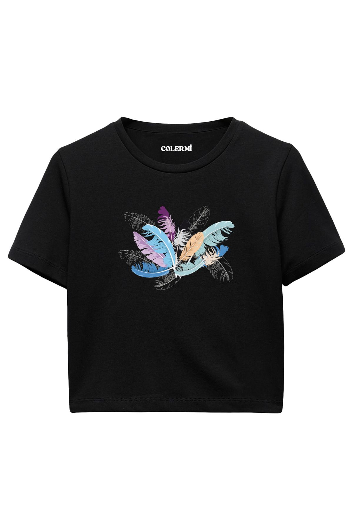 Colermi Pastel Renkli Tüy Desenli %100 Pamuk Kadın Crop Tshirt