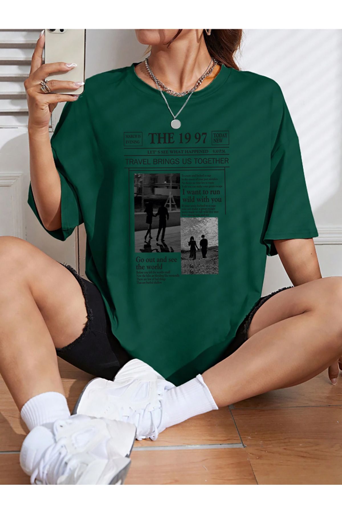 memowear Unisex The Travel 1997 Baskılı Rahat Kesim Yeşil T-Shirt