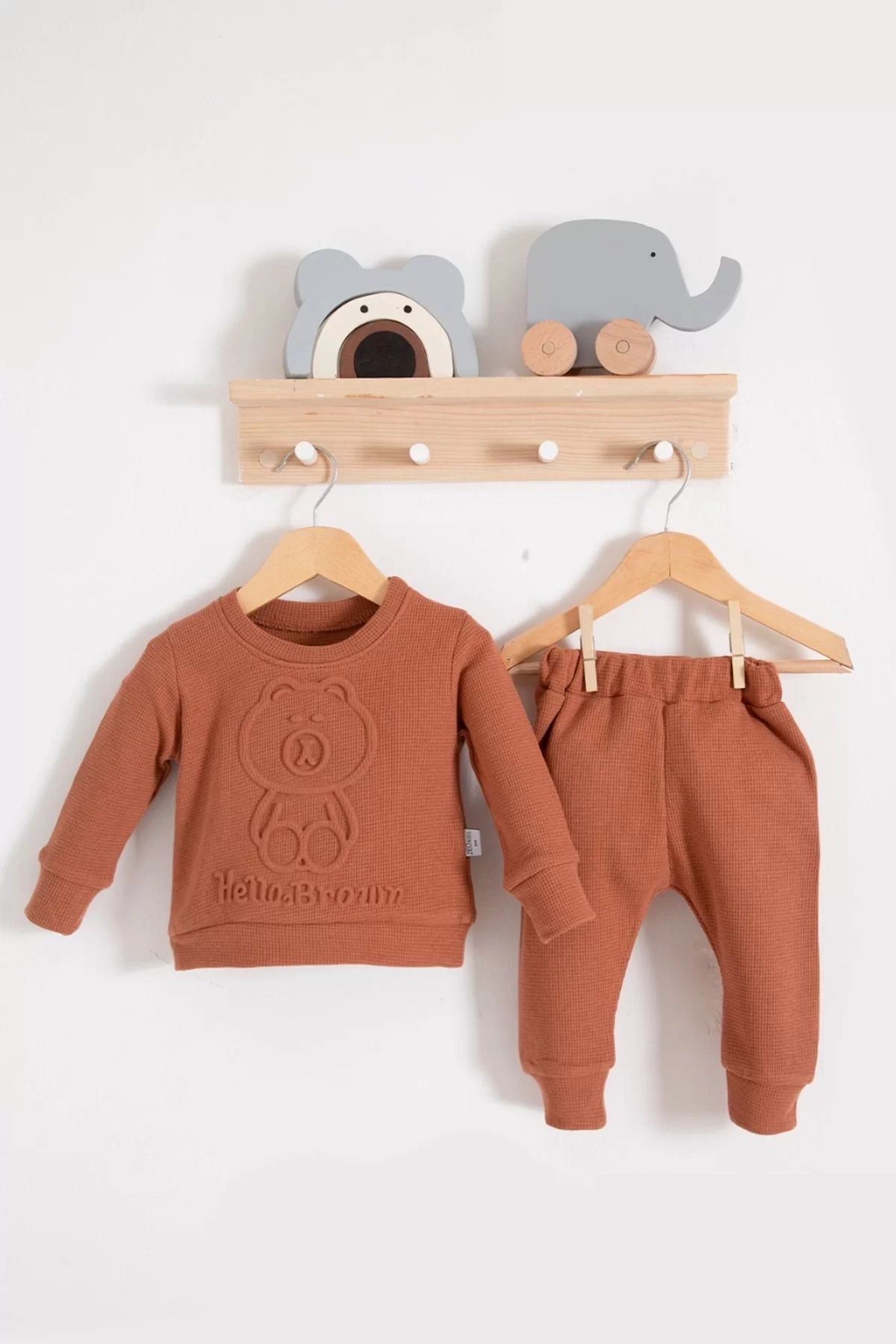 Shop58 Bear Gofre Kabartmalı 2'li Erkek Bebek Takımı