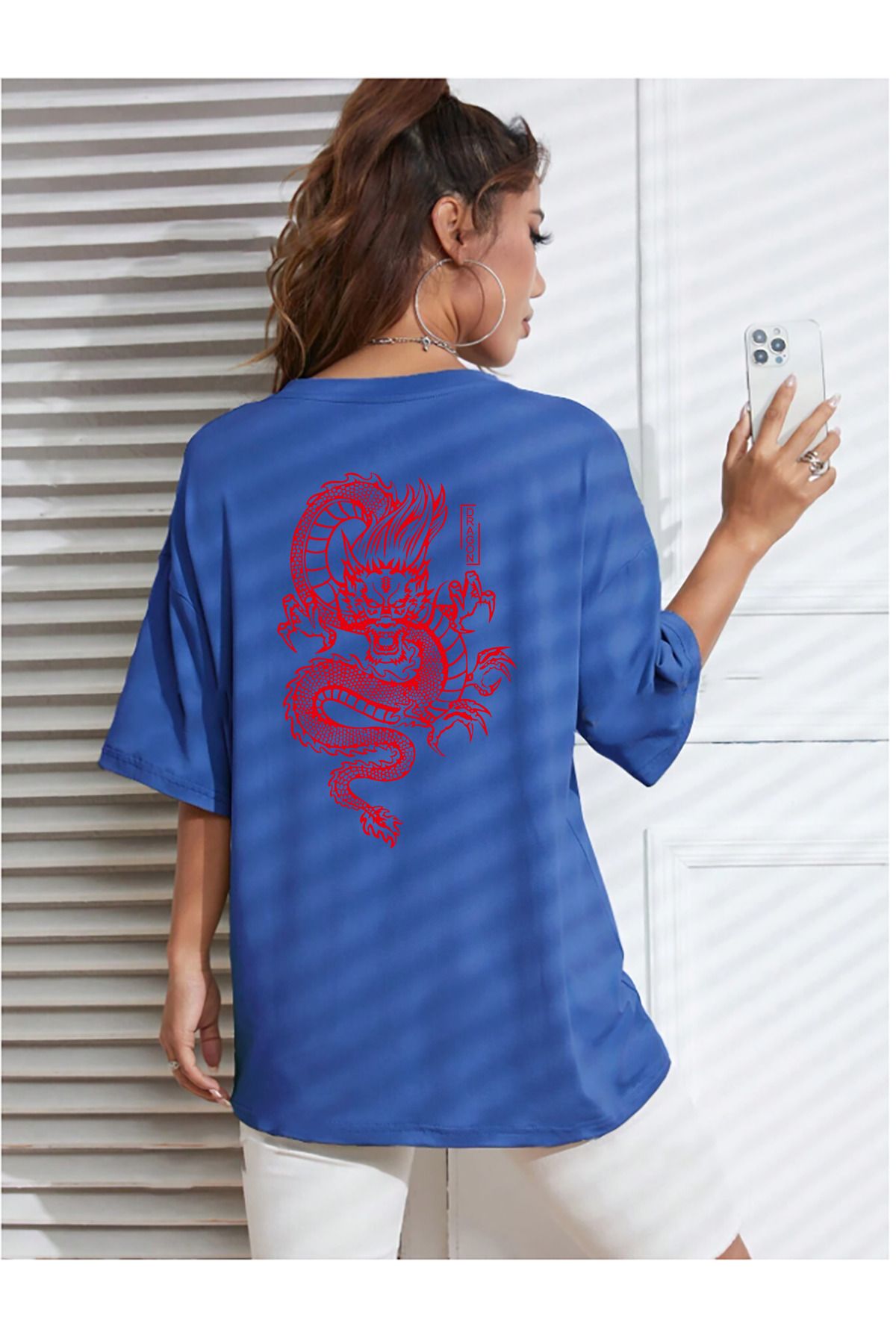 qavnas Unisex Kızıl Ejder Baskılı Rahat Kesim Sax-Mavi T-Shirt