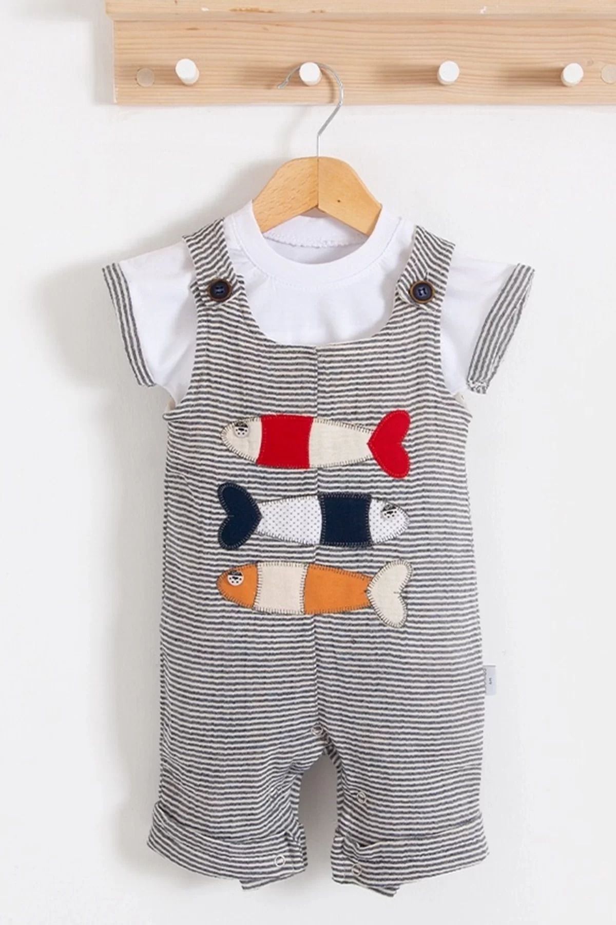 Shop58 Balık Nakışlı Kısa Kollu Erkek Bebek Tulumu