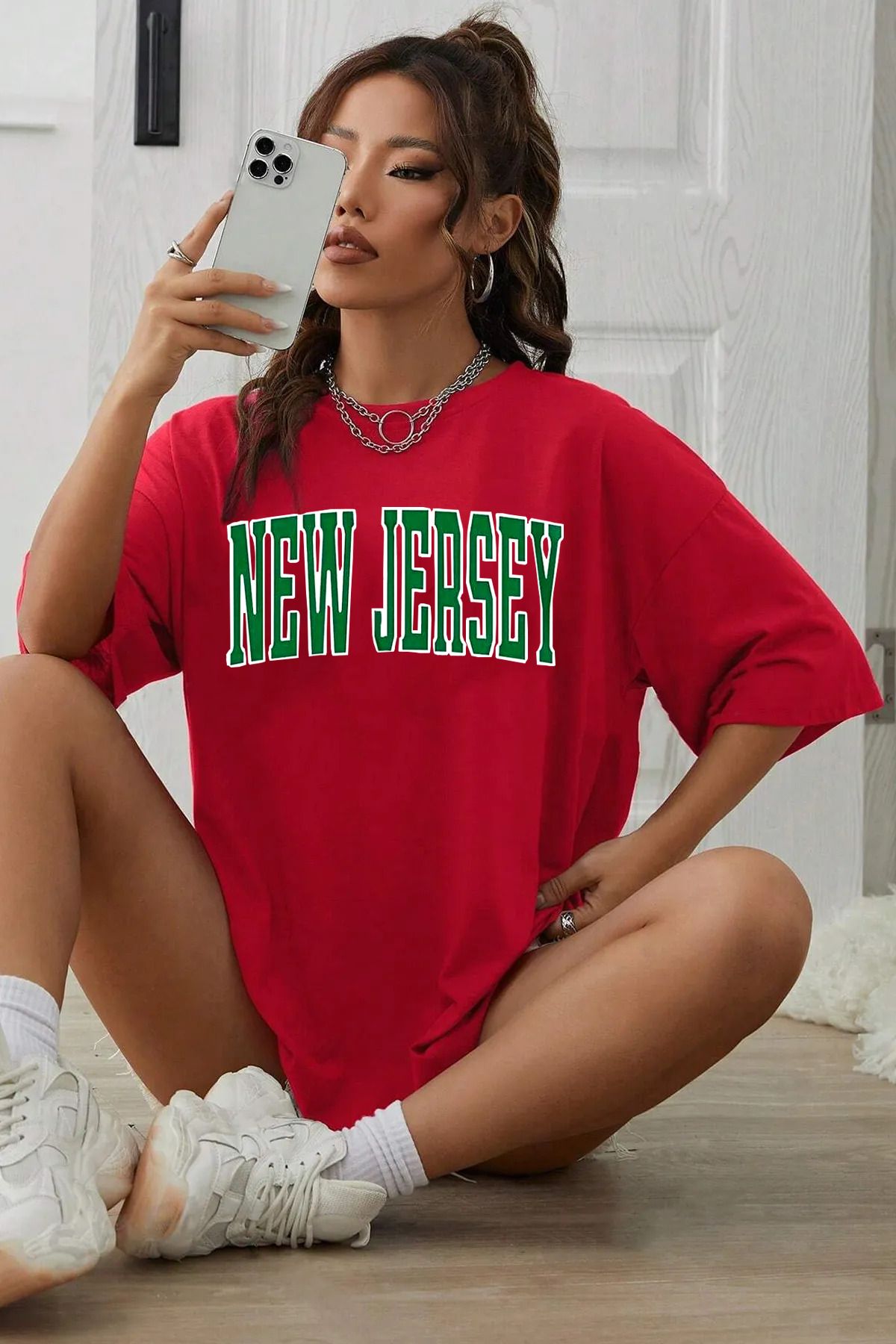 qavnas Unisex New Jersey Baskılı Rahat Kesim Kırmızı T-Shirt
