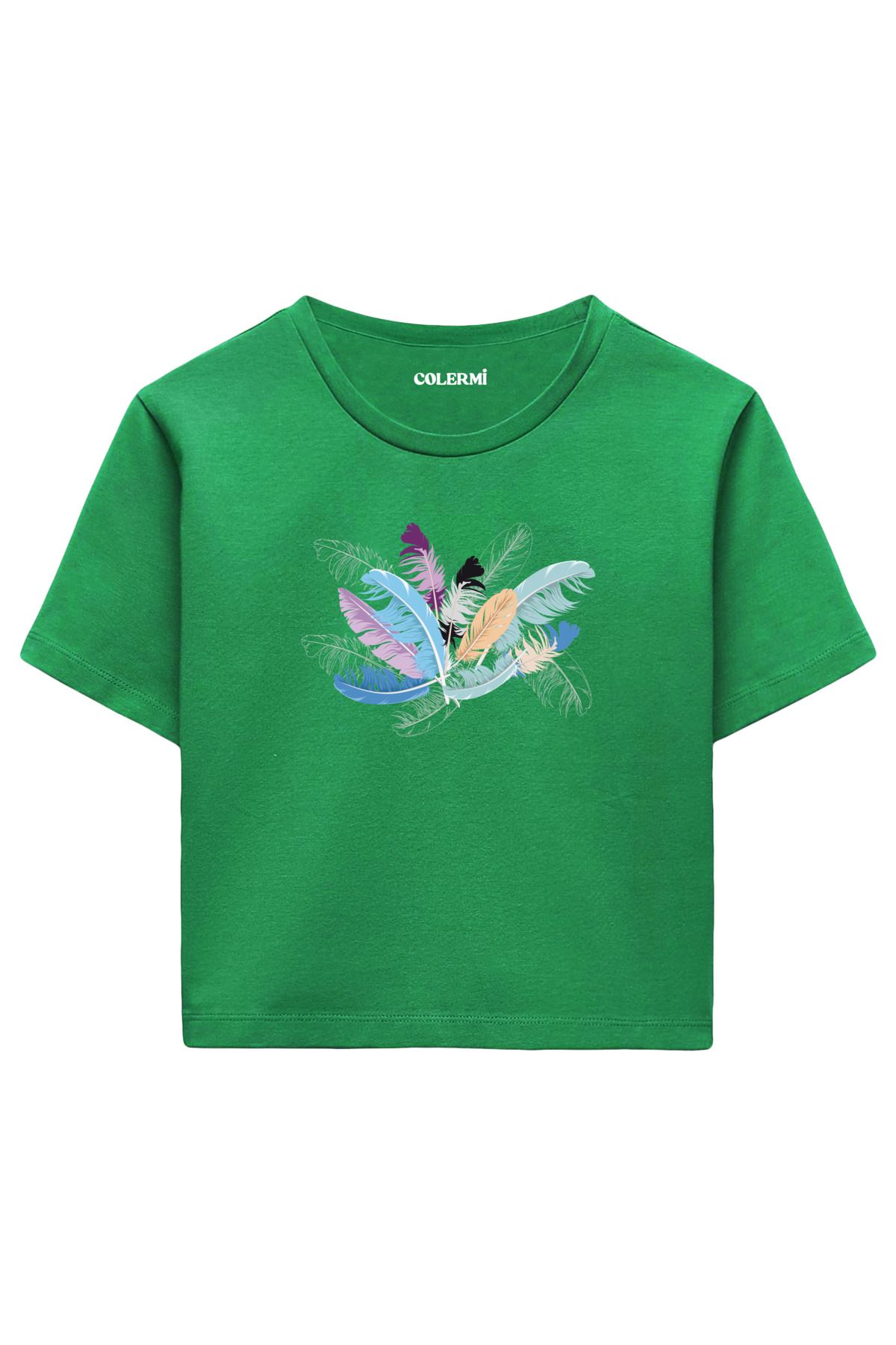 Colermi Pastel Renkli Tüy Desenli %100 Pamuk Kadın Crop Tshirt