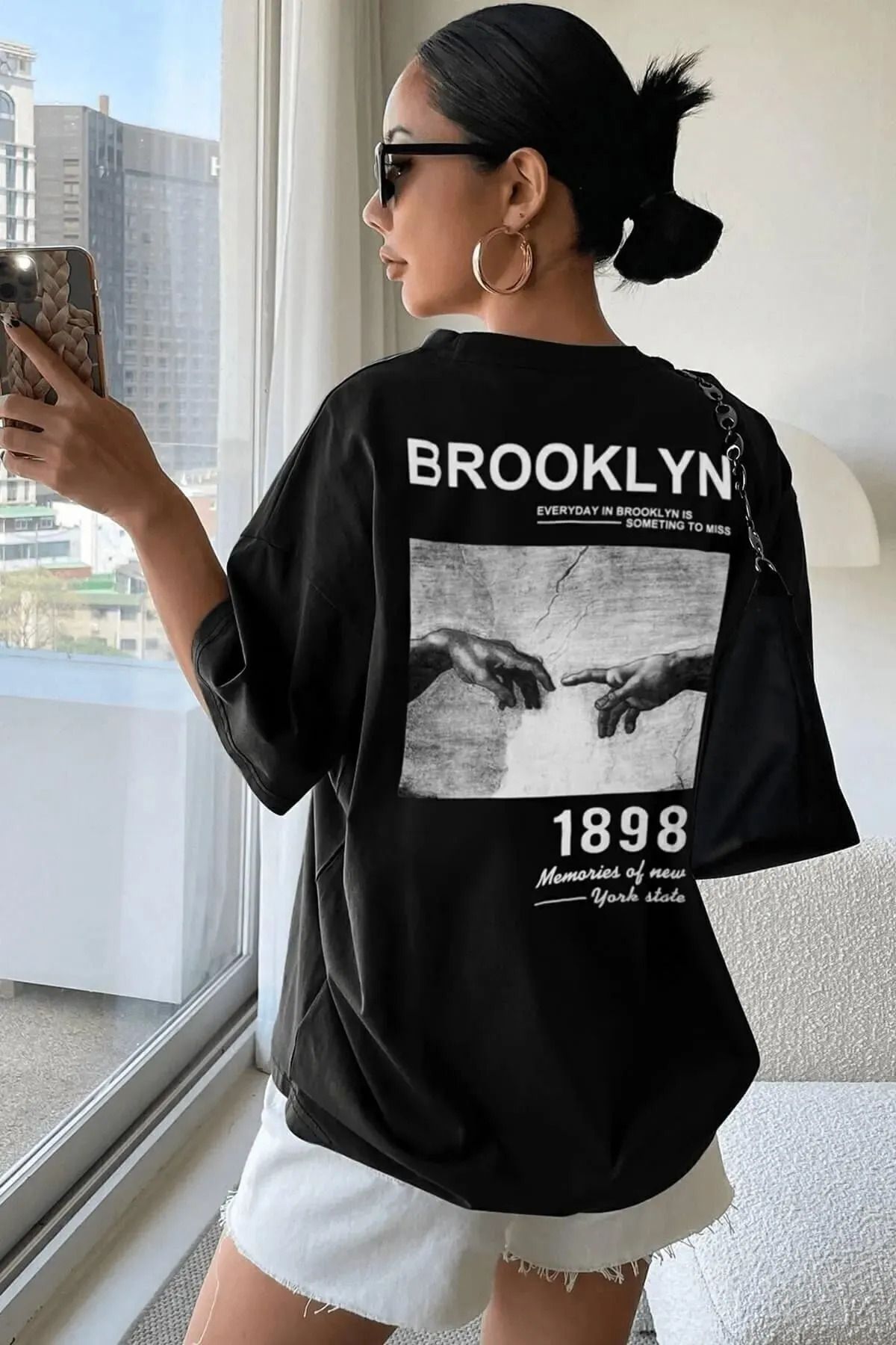 qavnas Unisex El Baskılı Rahat Kesim Siyah T-Shirt