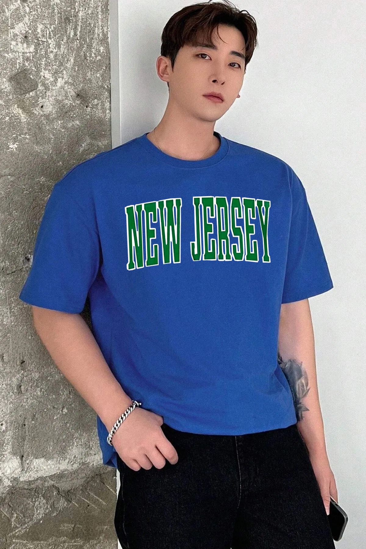 qavnas Unisex New Jersey Baskılı Rahat Kesim Sax-Mavi T-Shirt