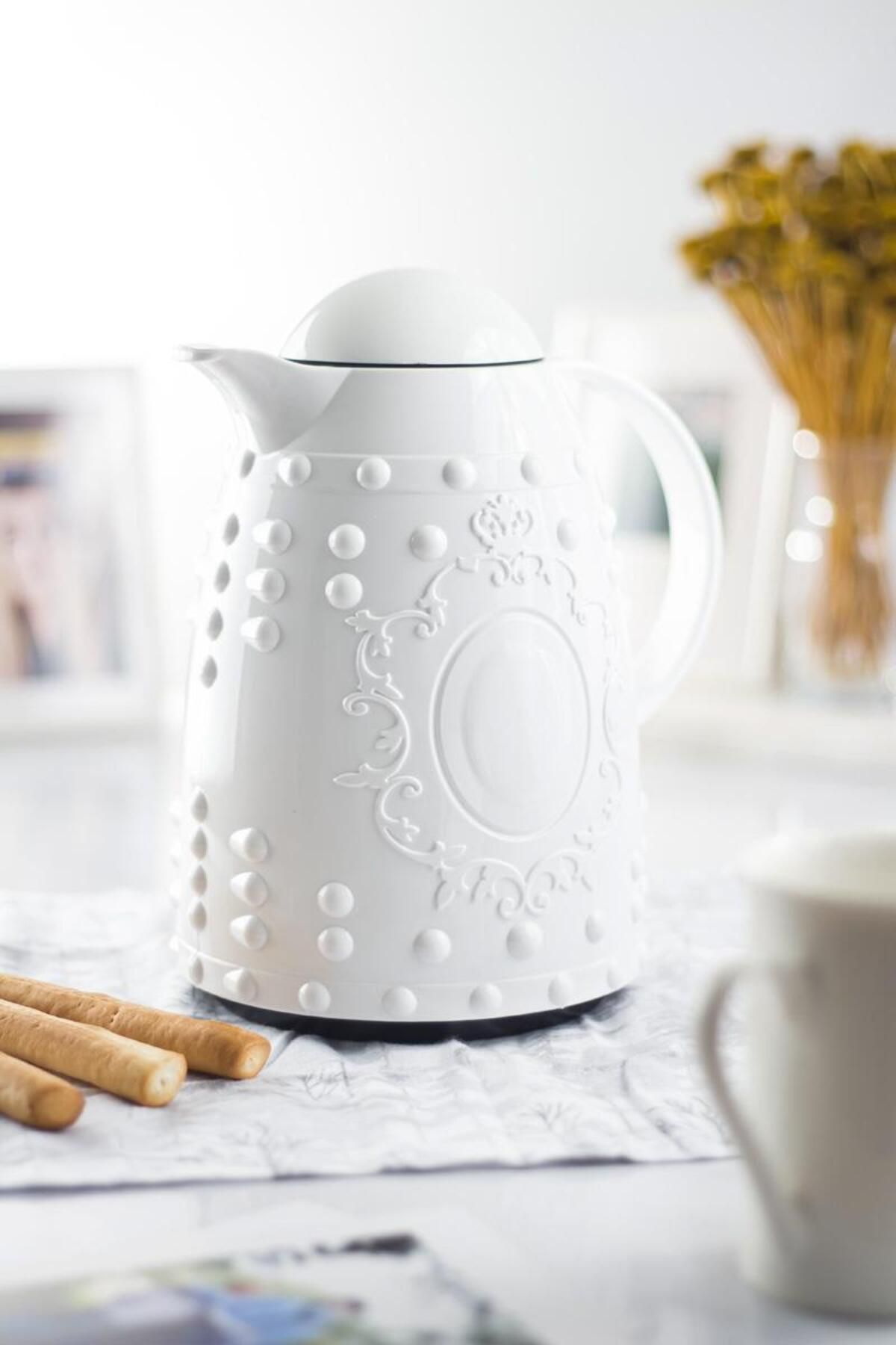 Shop58 1 LT Isı Yalıtımlı Çay Ve Soğuk Su Termosu Beyaz (12 Saat Sıcak Tutar& İçi Camdır)