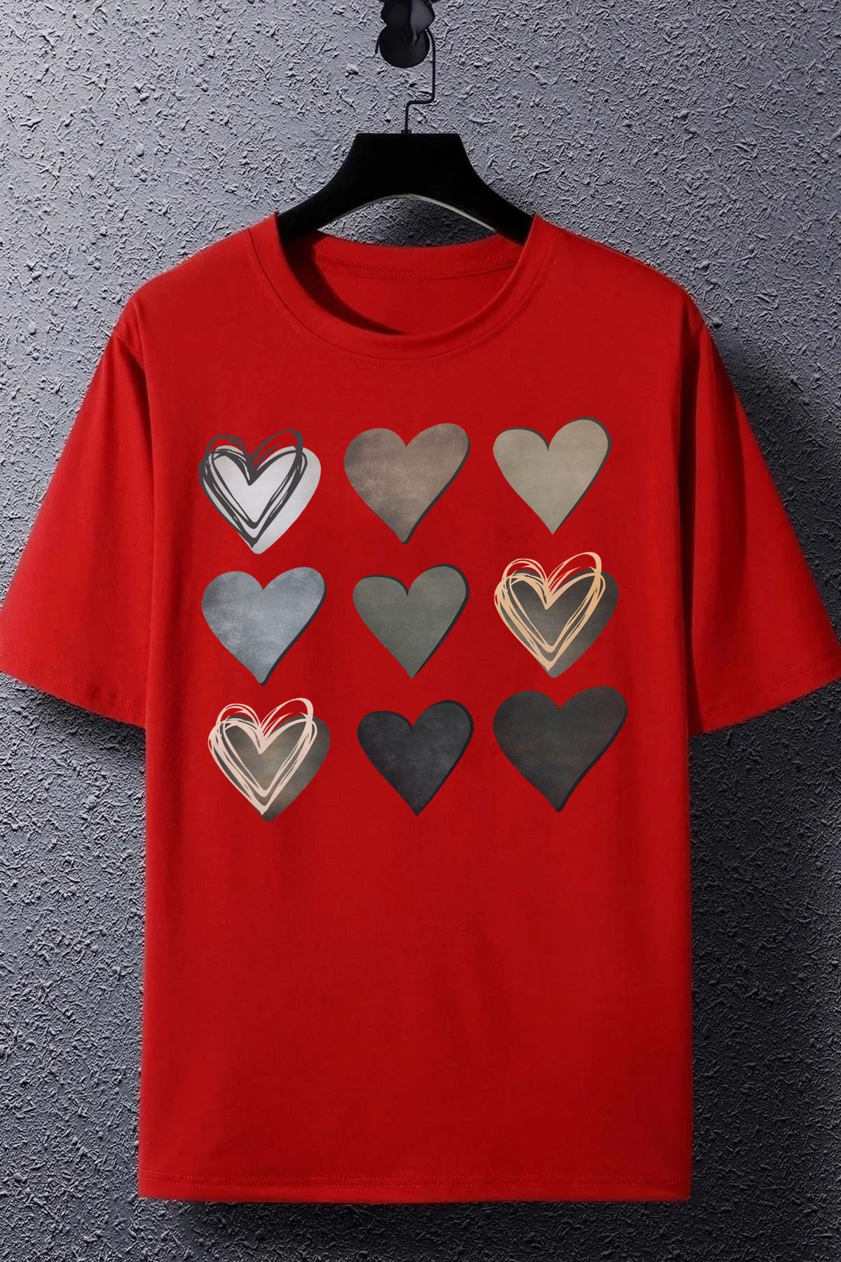 qavnas Unisex Kalpler Baskılı Rahat Kesim Kırmızı T-Shirt