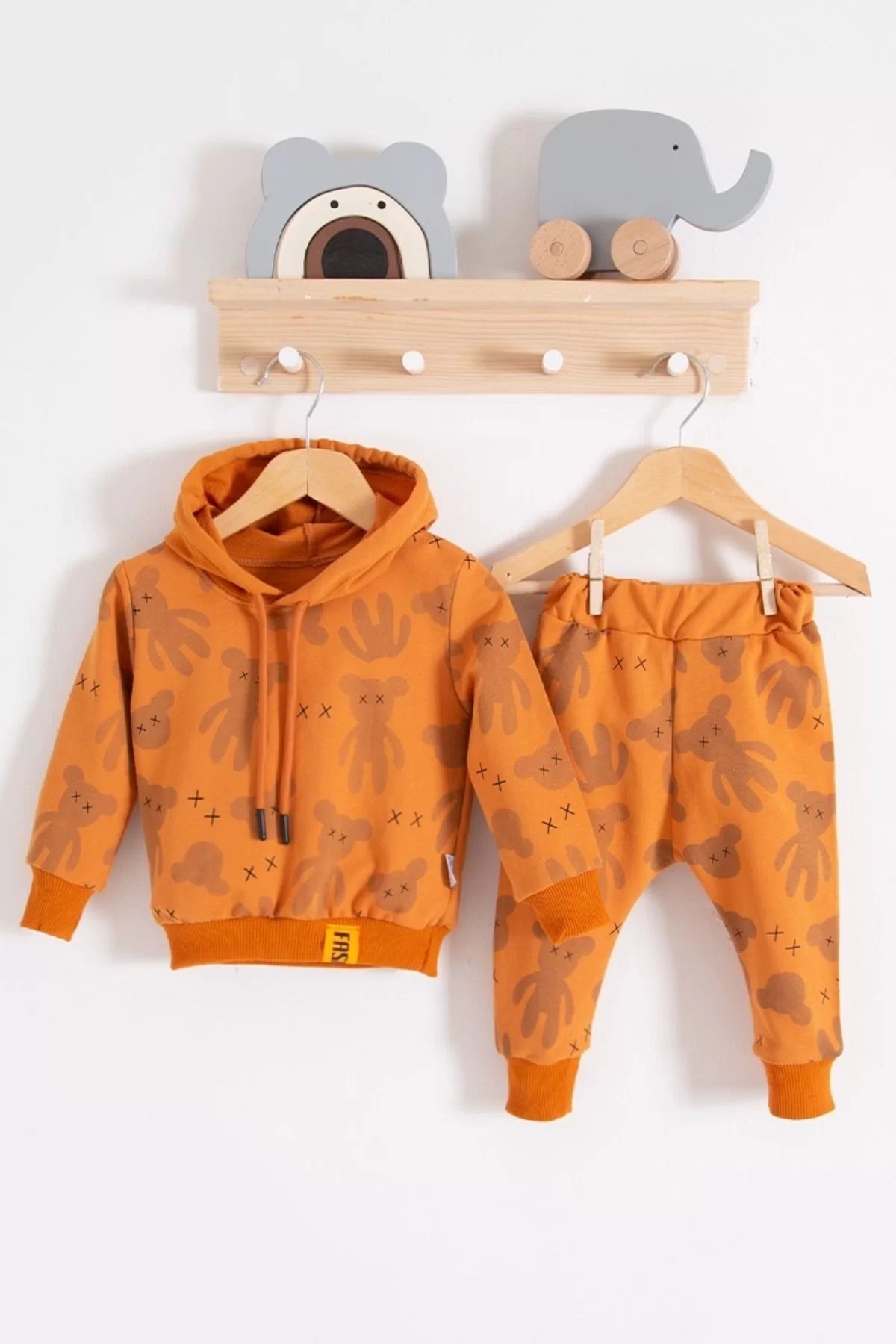 Shop58 Cool Bear Kapüşonlu % 100 Pamuk Erkek Bebek Takımı