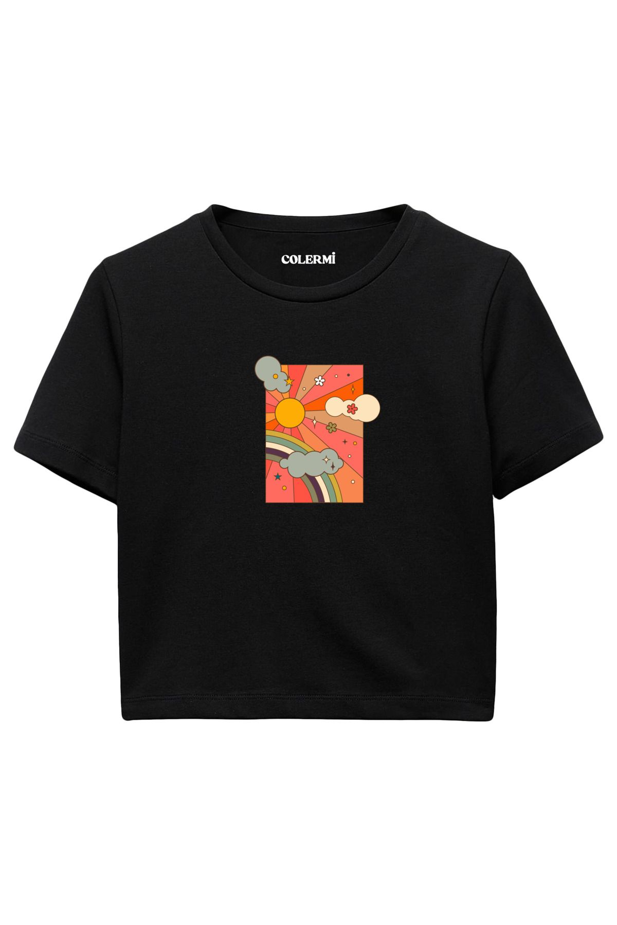 Colermi Retro Güneş ve Gökkuşağı Desenli %100 Pamuk Kadın Crop Tshirt