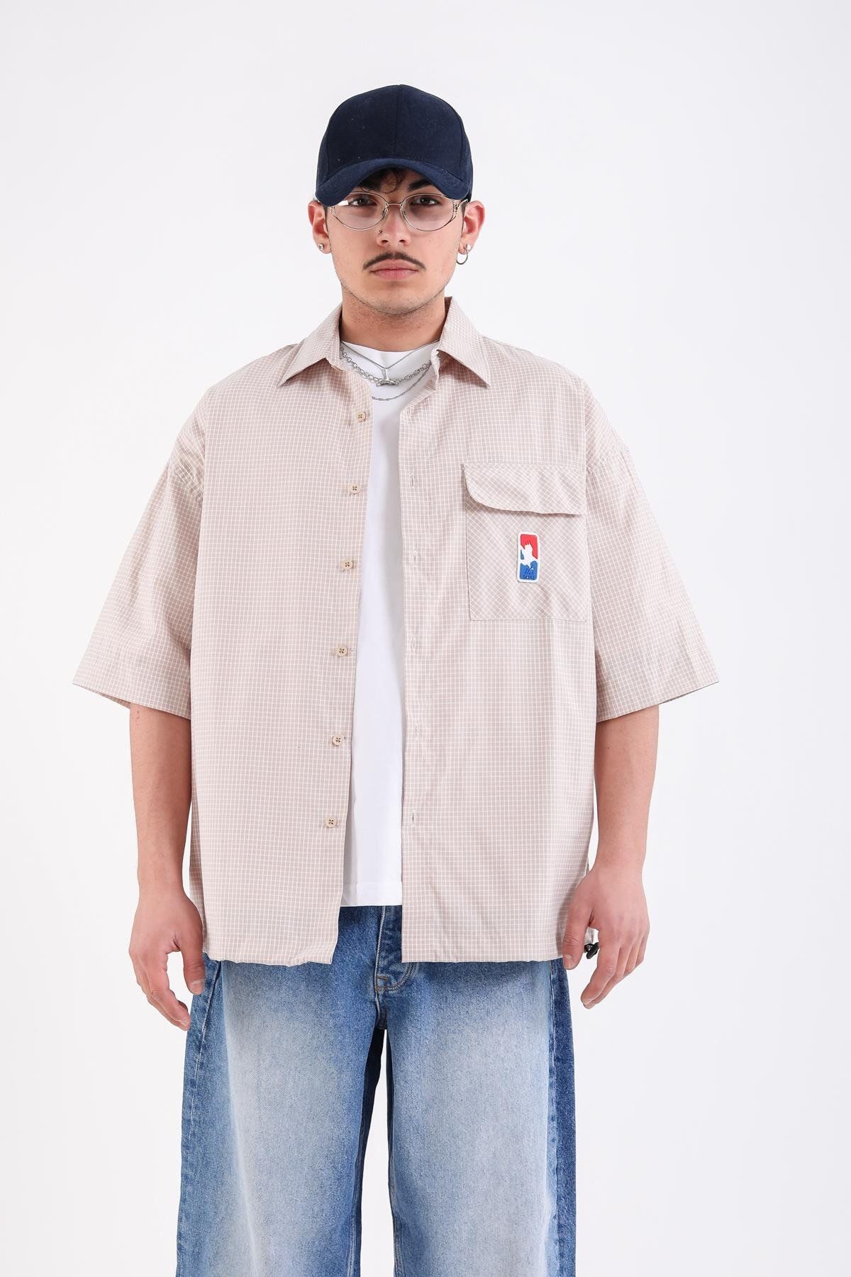 Jr.Crime Bej Kareli Patch Detay Oversize Gömlek