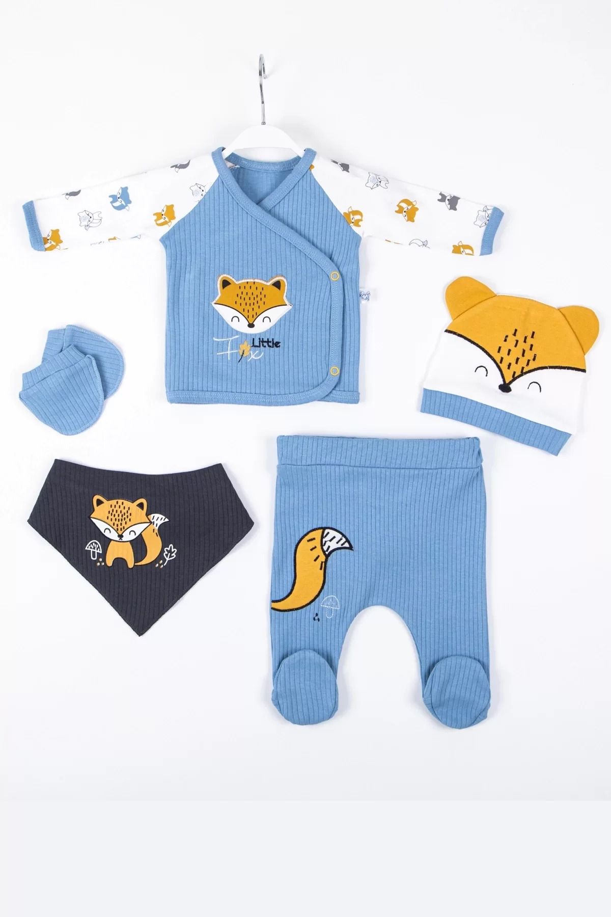 Shop58 Little Fox Nakışlı 5'li % 100 Pamuk Erkek Bebek Hastane Çıkış Seti