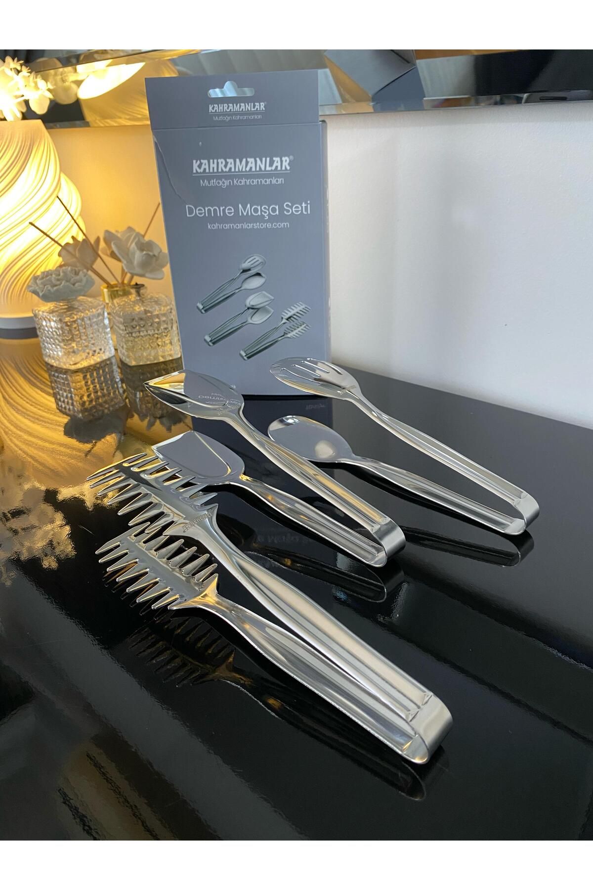 Kahramanlar-Demre 3-Piece Platinum Steel Grilled Salad Crepe Tongs Set 2
