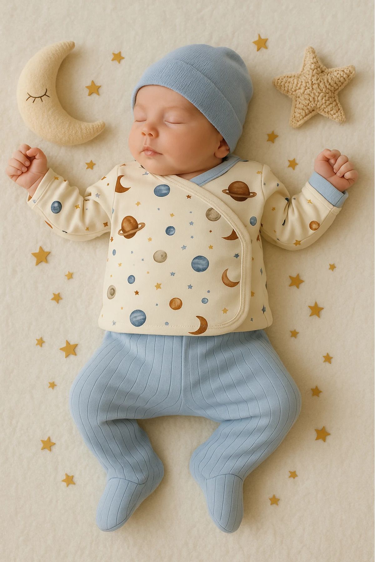 HAVUÇ BEBEK Babycan Gezegen Baskılı Şapkalı 3’lü Bebek Zıbın Takım