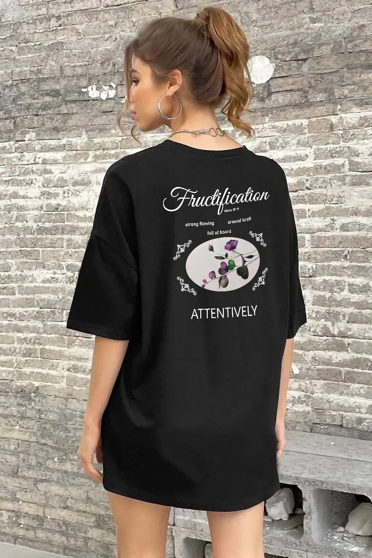 qavnas Unisex Fructification Baskılı Rahat Kesim Siyah T-Shirt