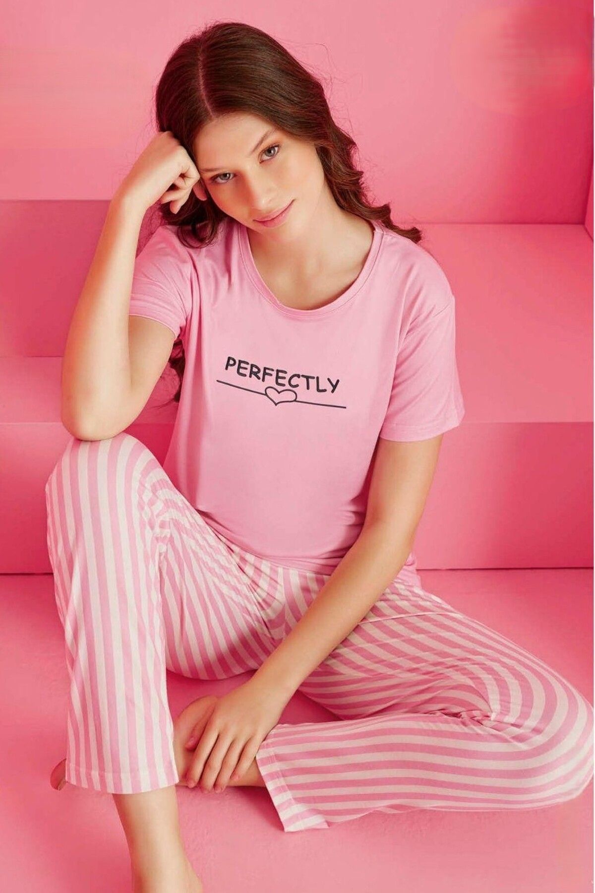 AyCaTa Çizgili Pembe Kısa Kollu Kadın Pijama Takımı