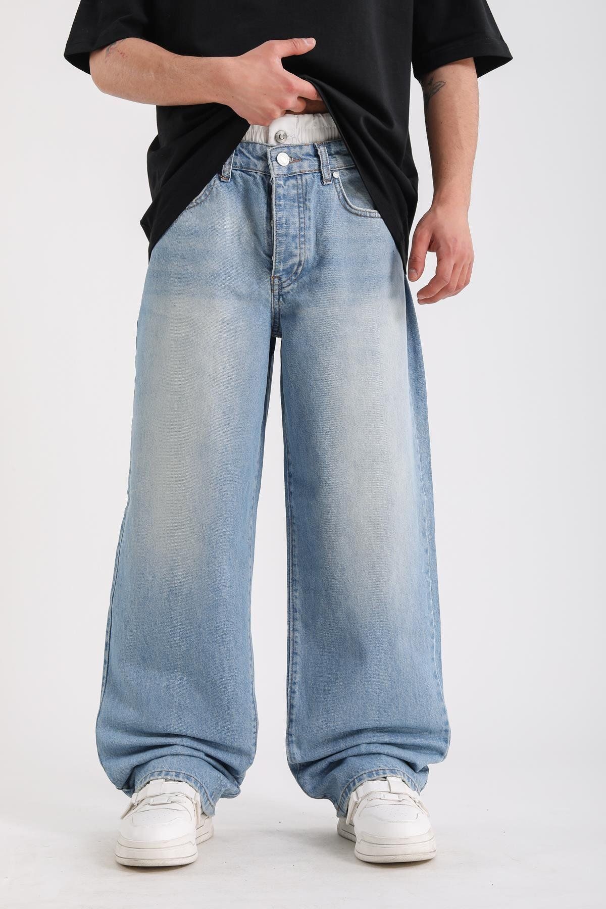 Jr.Crime Boxer Detay Eskitme Efektli Mavi Baggy Jean Pantolon