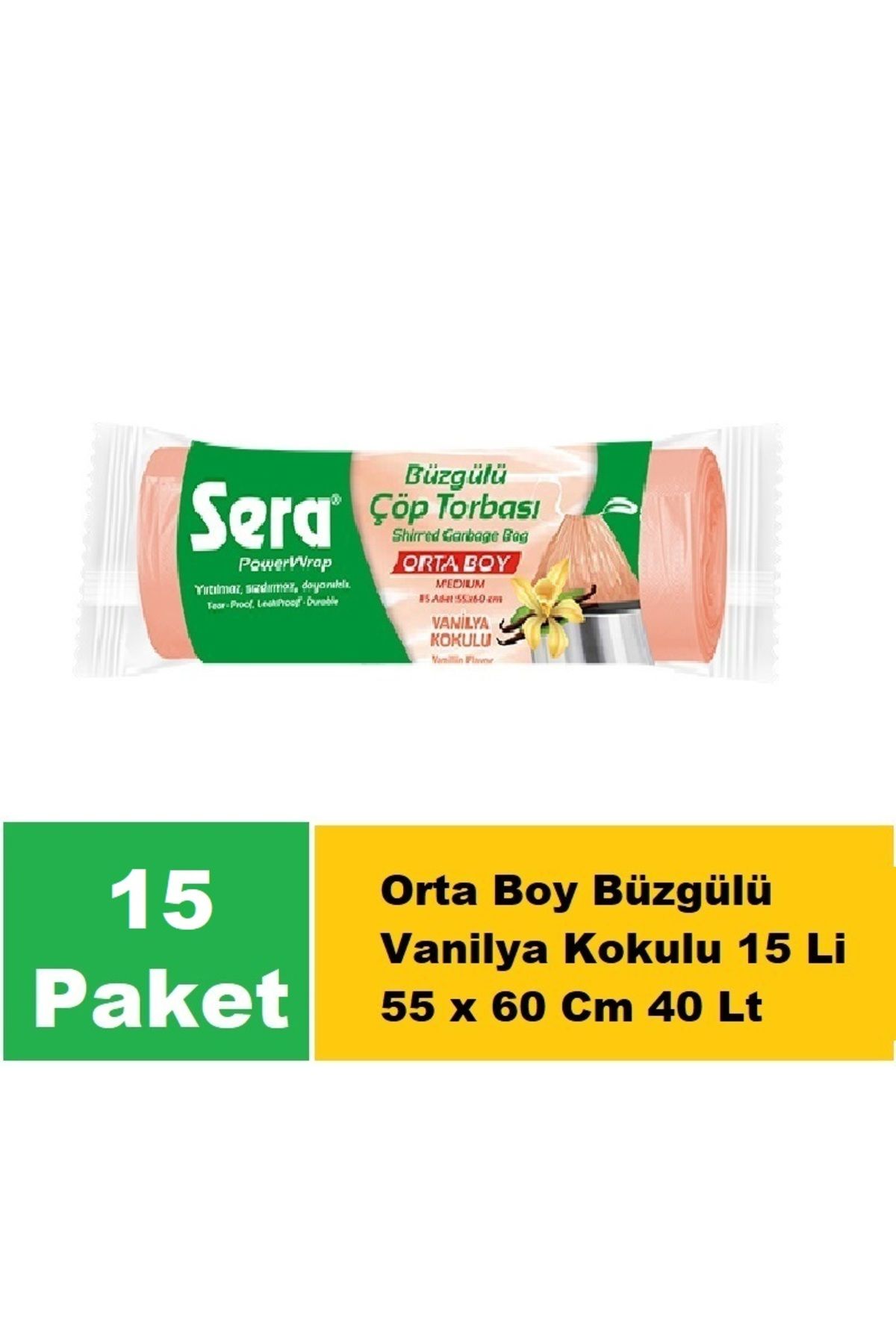 SERA Çöp Torbası Büzgülü Vanilya Kokulu Orta Boy 15 Li 55 x 60 Cm x 15 Paket