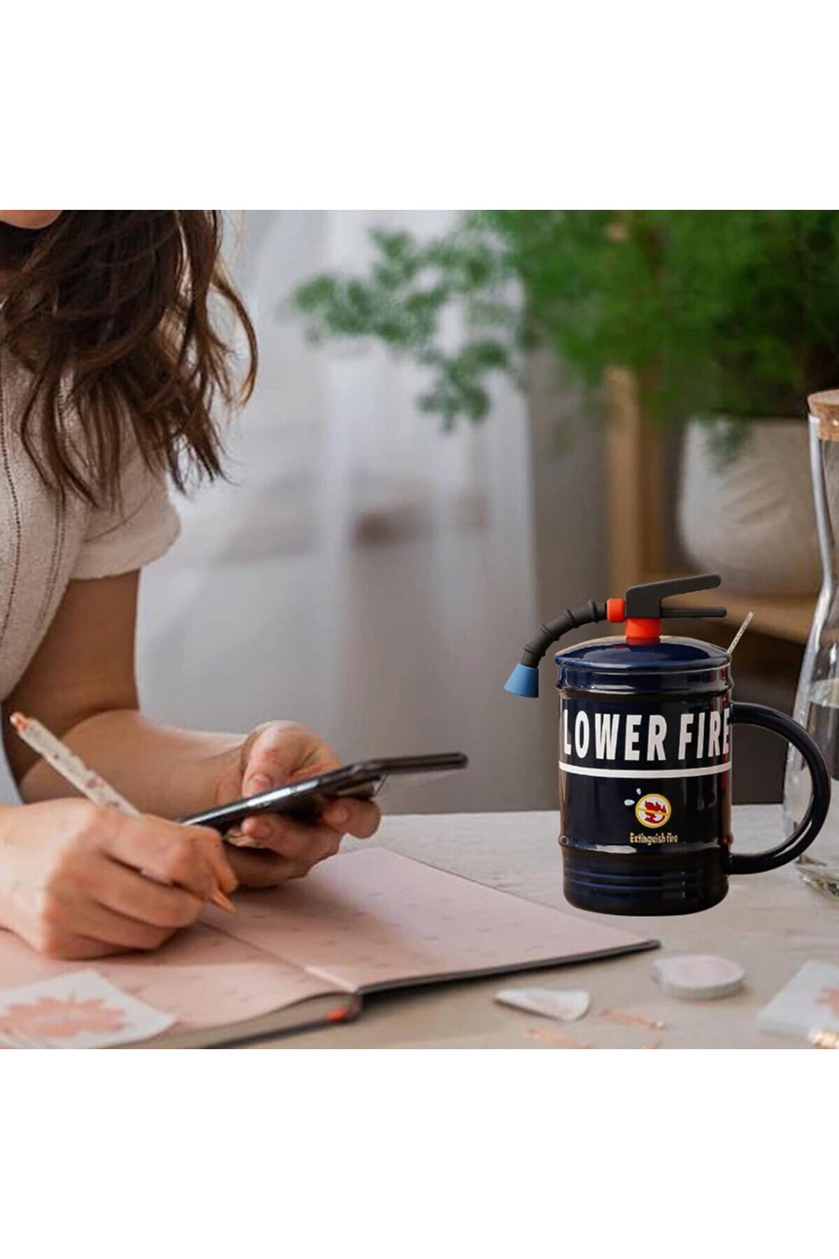 PUFO-Cană ceramică Stop Fire cu capac și linguriță pentru cafea sau ceai, 400 ml, albastră 5