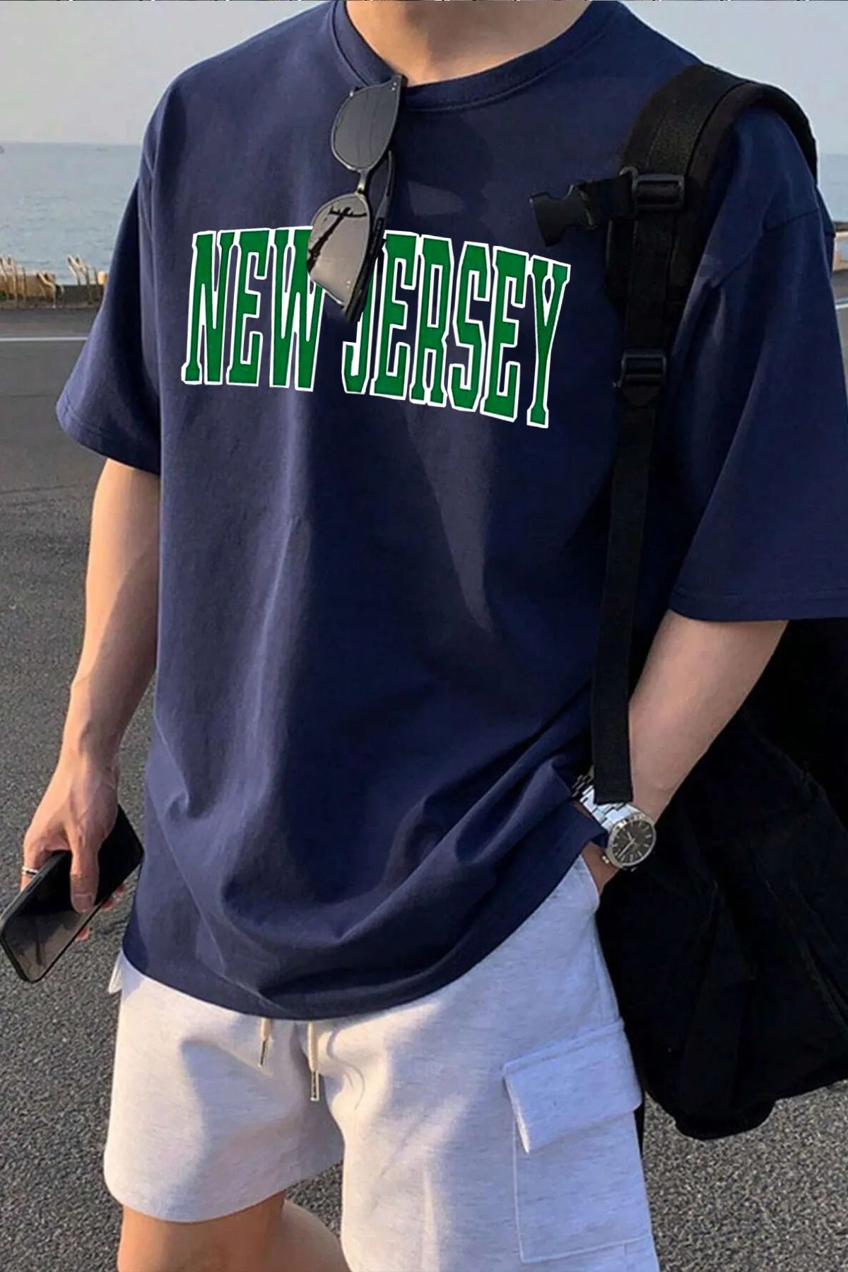 qavnas Unisex New Jersey Baskılı Rahat Kesim Lacivert T-Shirt