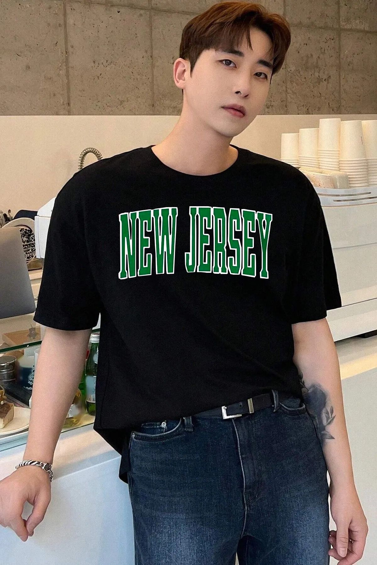 qavnas Unisex New Jersey Baskılı Rahat Kesim Siyah T-Shirt