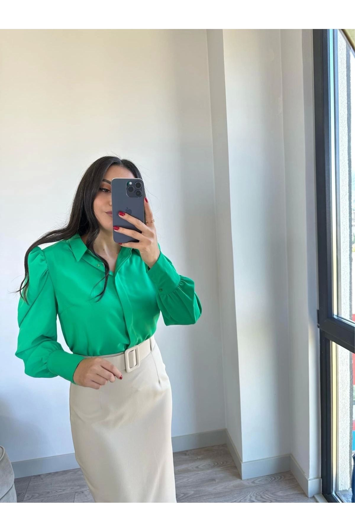 olina boutique Balon Kol Vatkalı Şifon Gömlek Yeşil