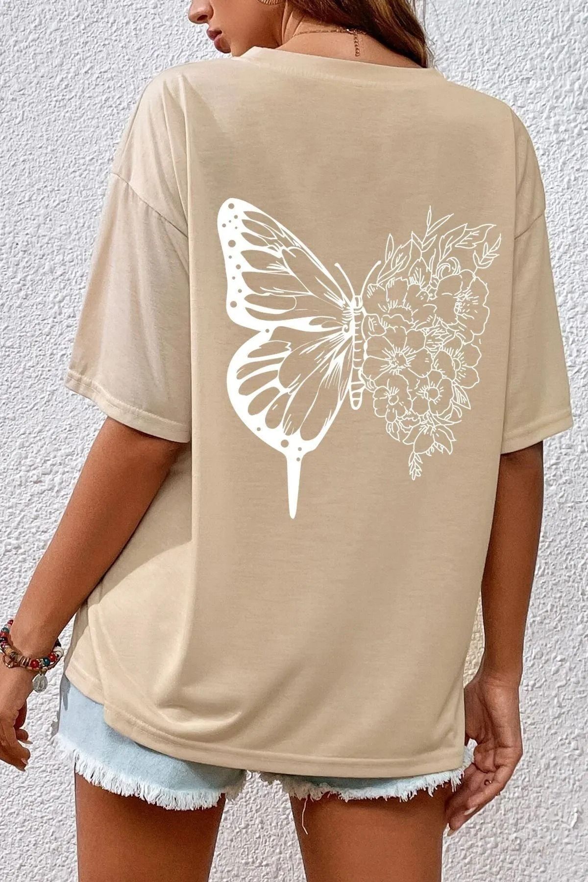 qavnas Unisex Kelebek Baskılı Rahat Kesim Bej T-Shirt