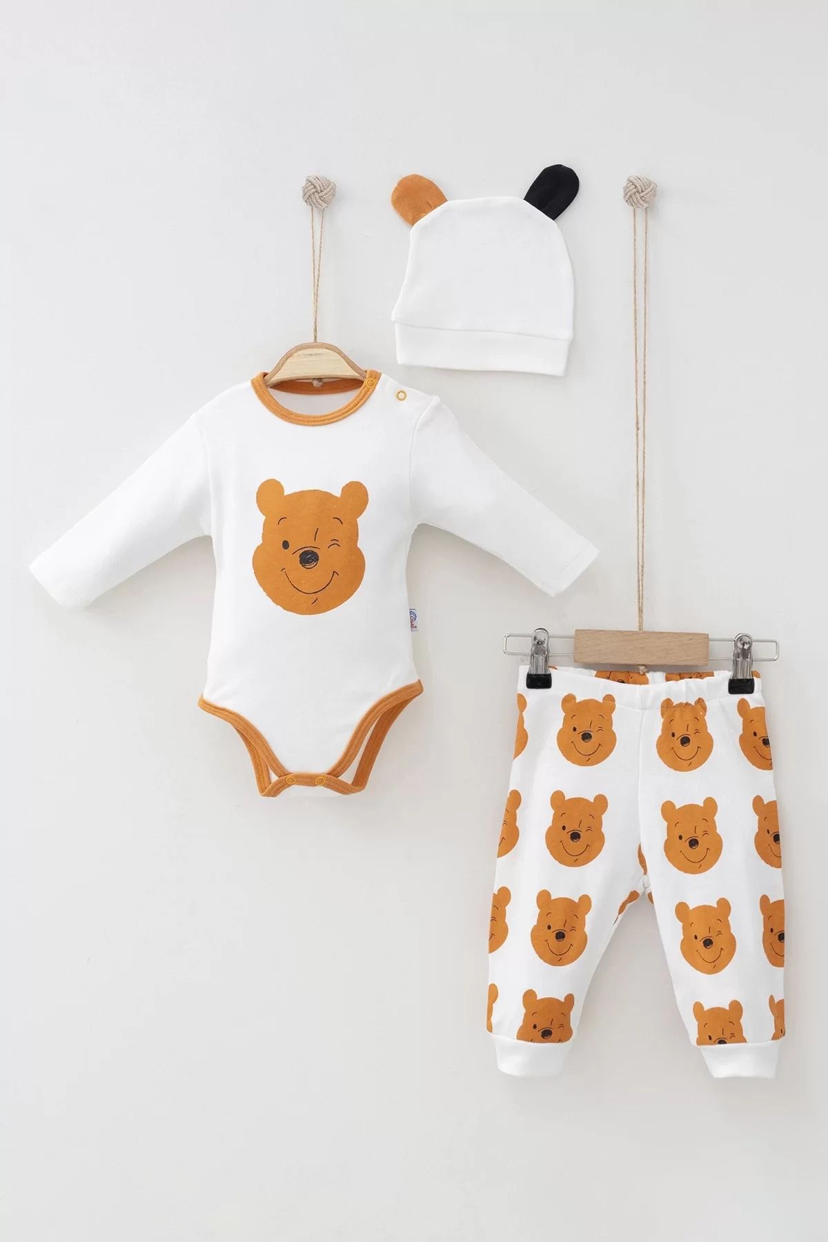 Shop58 Ayıcık Desenli Şapkalı Erkek Bebek Takım
