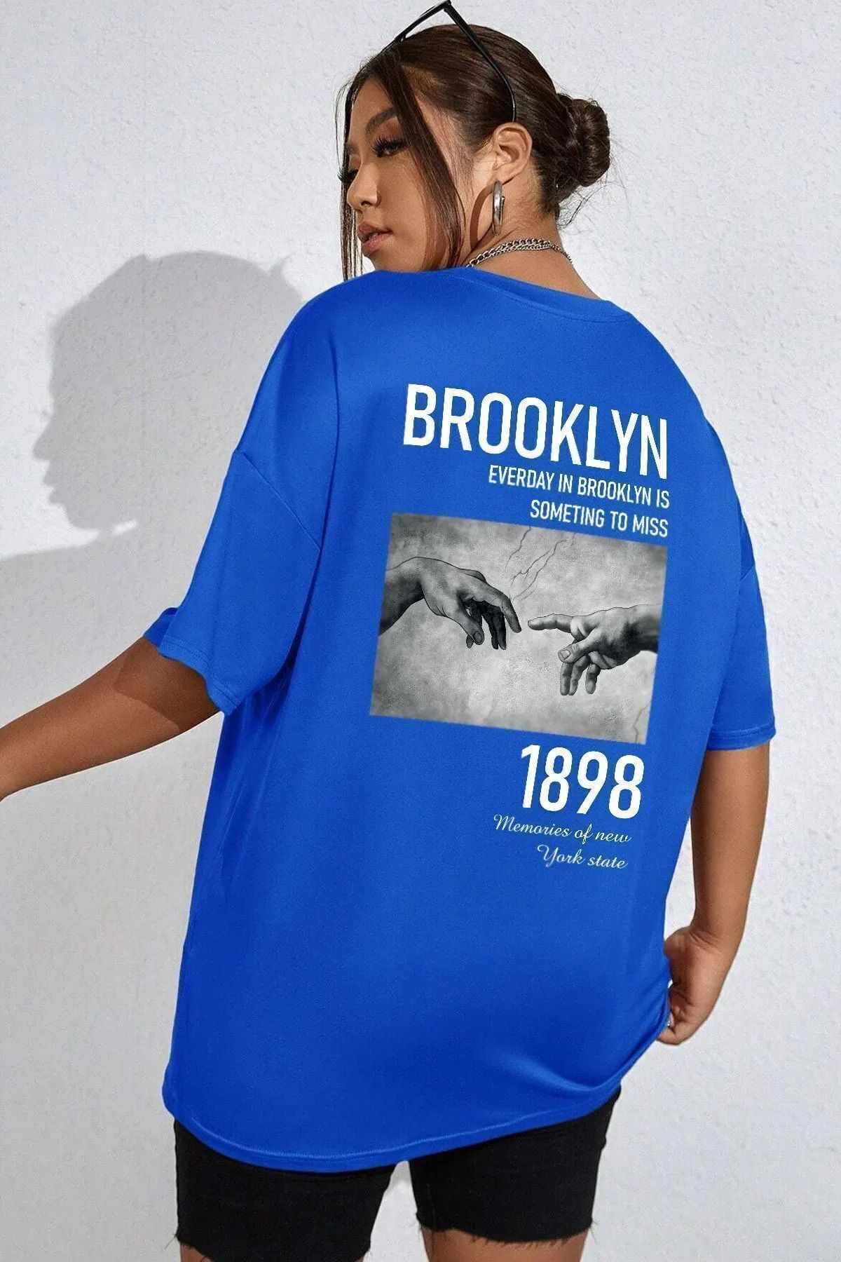qavnas Unisex El Baskılı Rahat Kesim Sax-Mavi T-Shirt