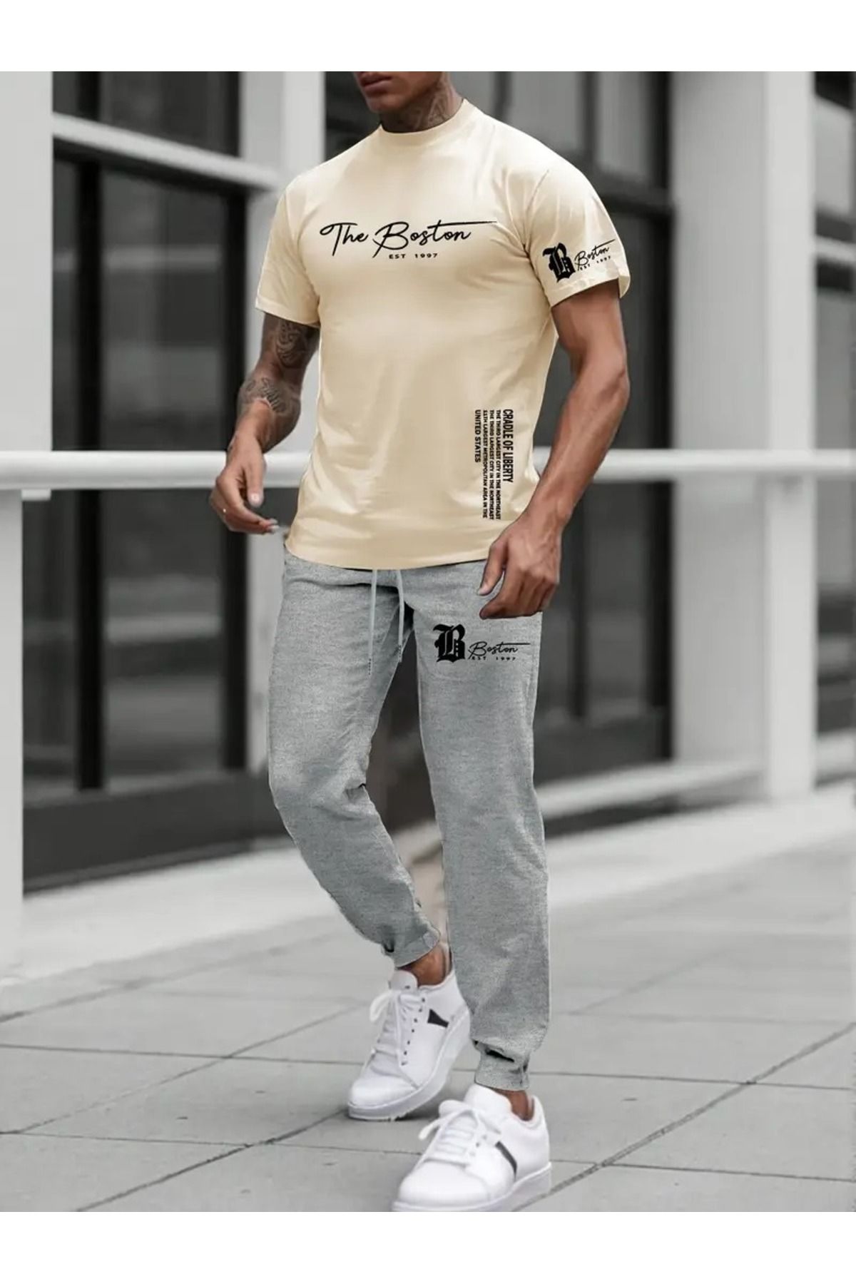 PAVRO Eşofman Takımı Jogger Thebostn baskılı - Oversize Tshirt