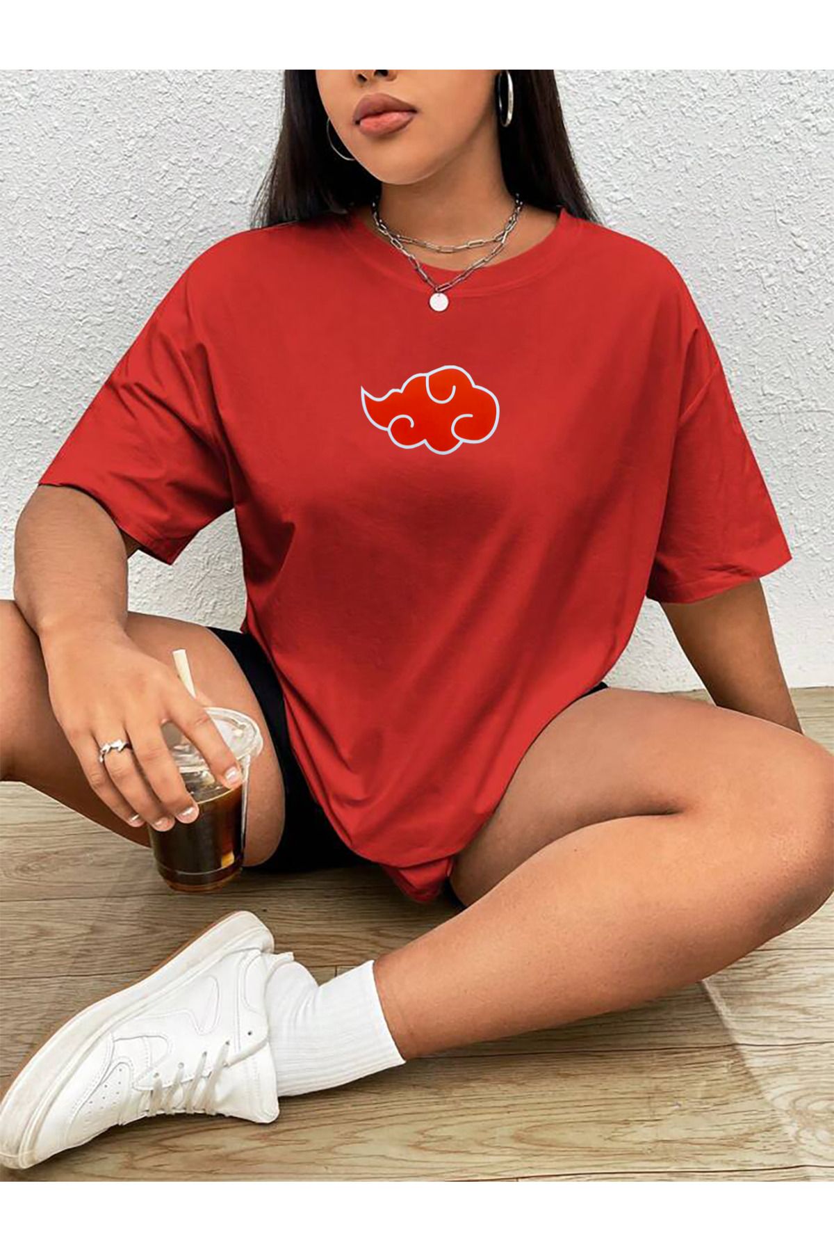 qavnas Unisex Ninja Akatsuki Anime Baskılı Rahat Kesim Kırmızı T-Shirt