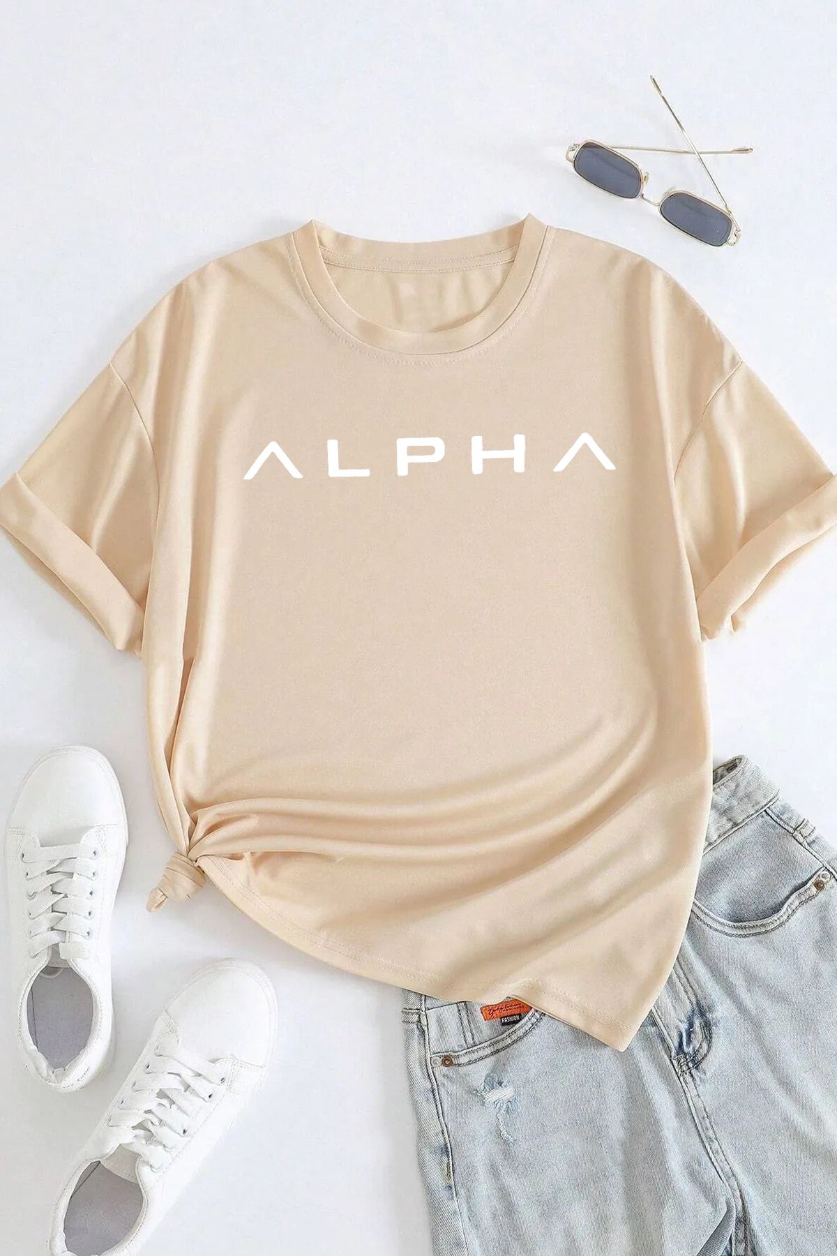 qavnas Unisex Alpha Baskılı Rahat Kesim Bej T-Shirt
