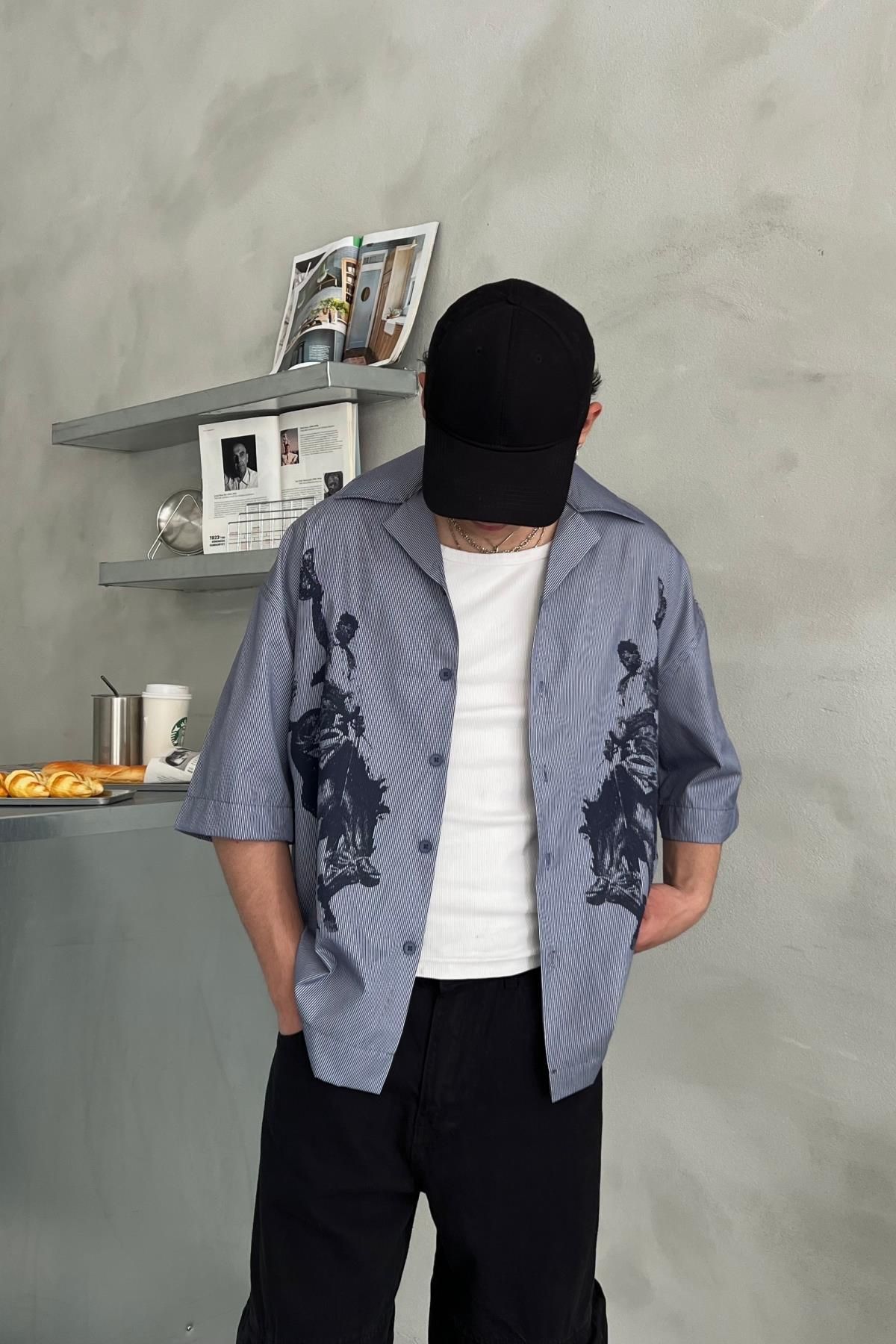 Jr.Crime Baskılı Koyu Mavi Çizgili Oversize Kısa Kol Gömlek