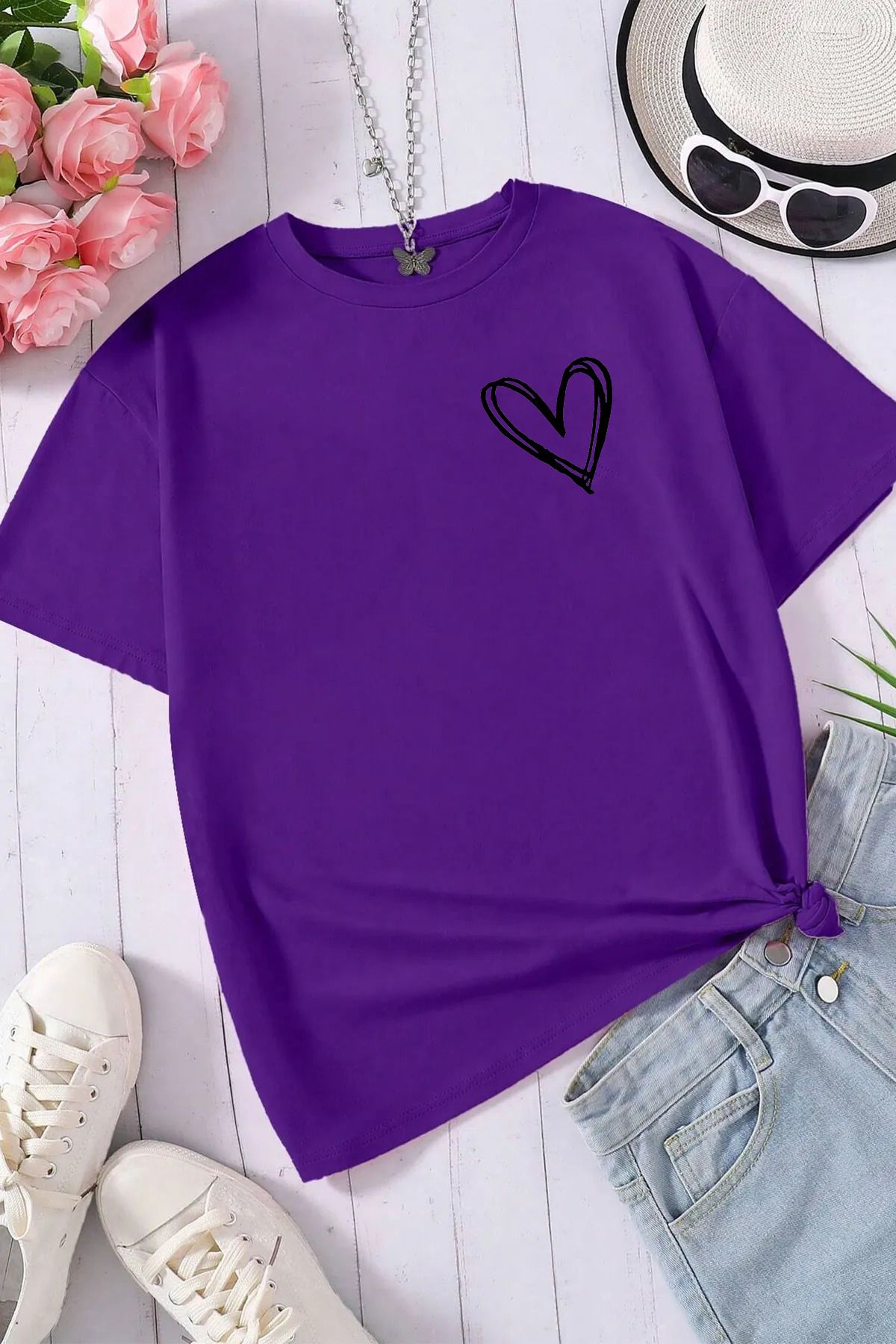qavnas Unisex Kalp Baskılı Rahat Kesim Mor T-Shirt
