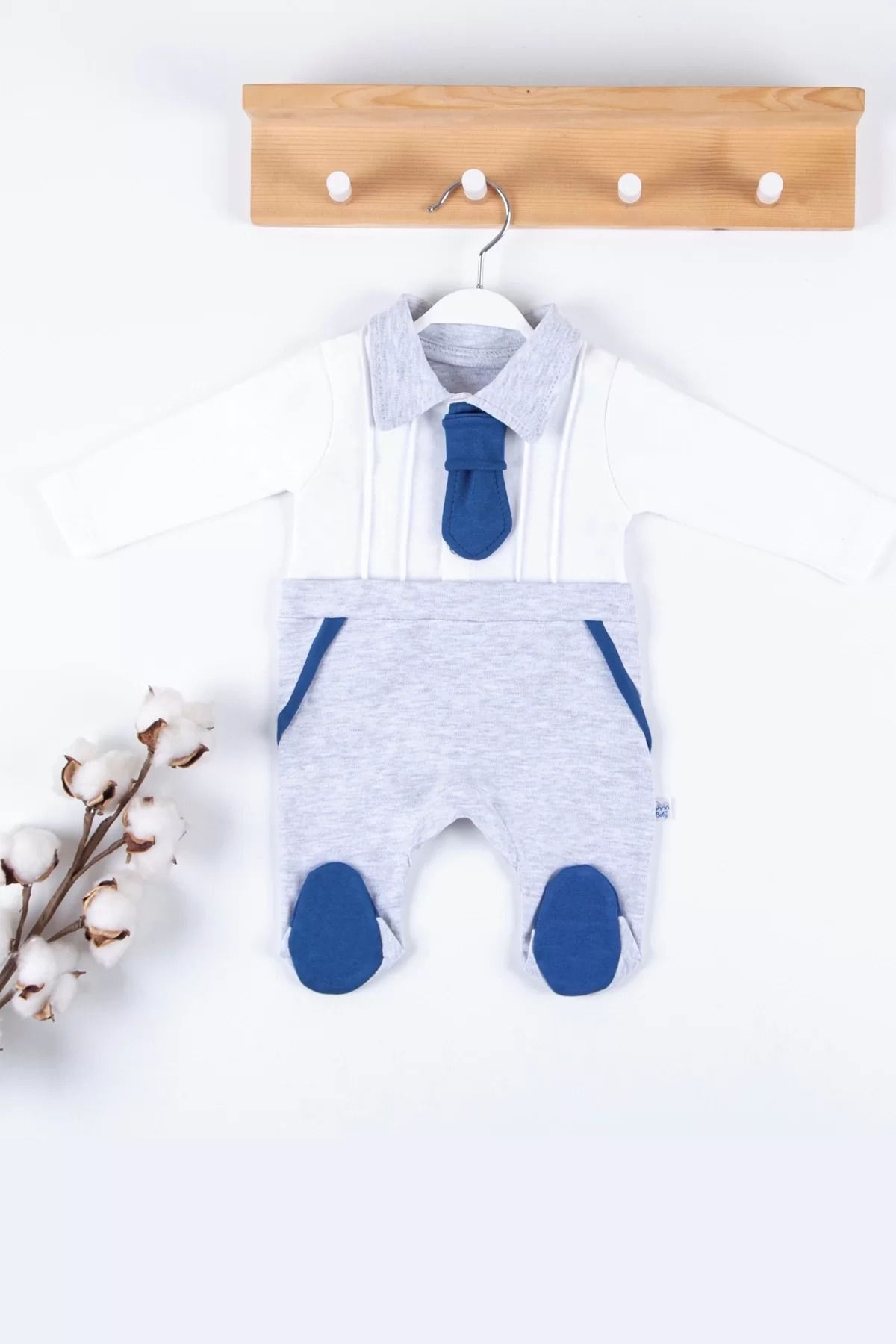 Shop58 Kravat Aksesuarlı Ayaklı % 100 Pamuklu Erkek Bebek Tulumu