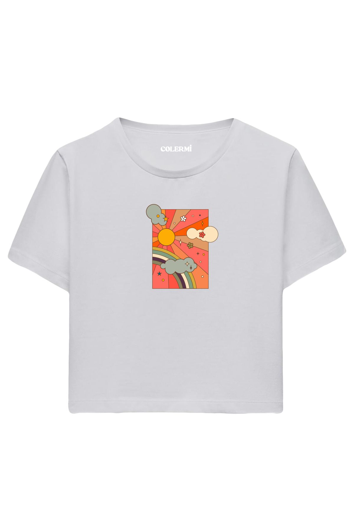 Colermi Retro Güneş ve Gökkuşağı Desenli %100 Pamuk Kadın Crop Tshirt