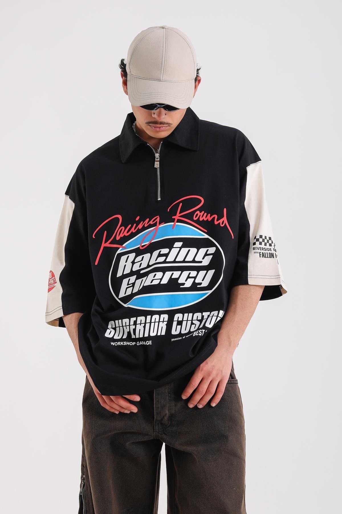 Jr.Crime Siyah Fermuar Polo Yaka Racing Baskılı Oversize Tshirt