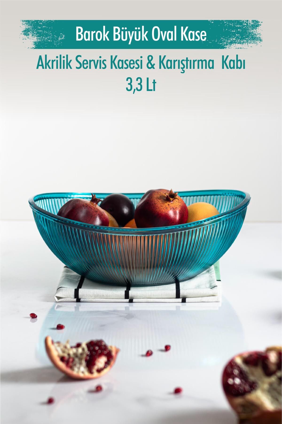 Shop58 Akrilik Barok Aquamarin Büyük Oval Meyve & Salata Kasesi & Karıştırma Kabı / 3,3 Lt (CAM DEĞİLDİR)